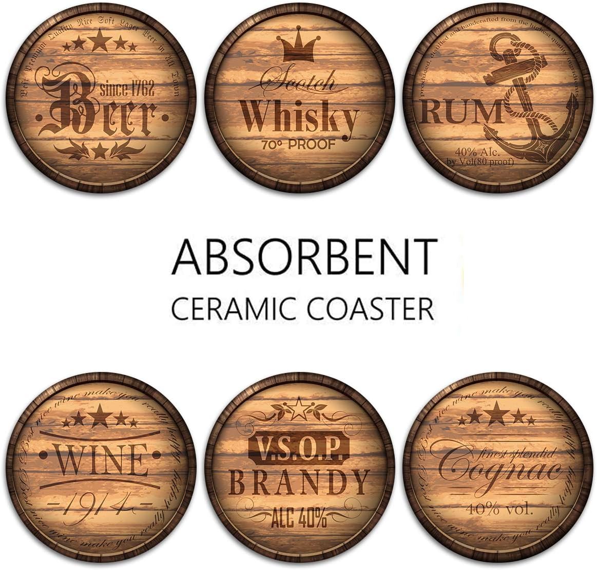 Britimes Set of 6 Coaster for Drinks Absorbent with Cork Base, Metal Holder, Wooden Texture Round Stone Drink Mat for Coffee Wood Table, Gift for Birthday, Farmhouse Housewarming Room Bar Decor
