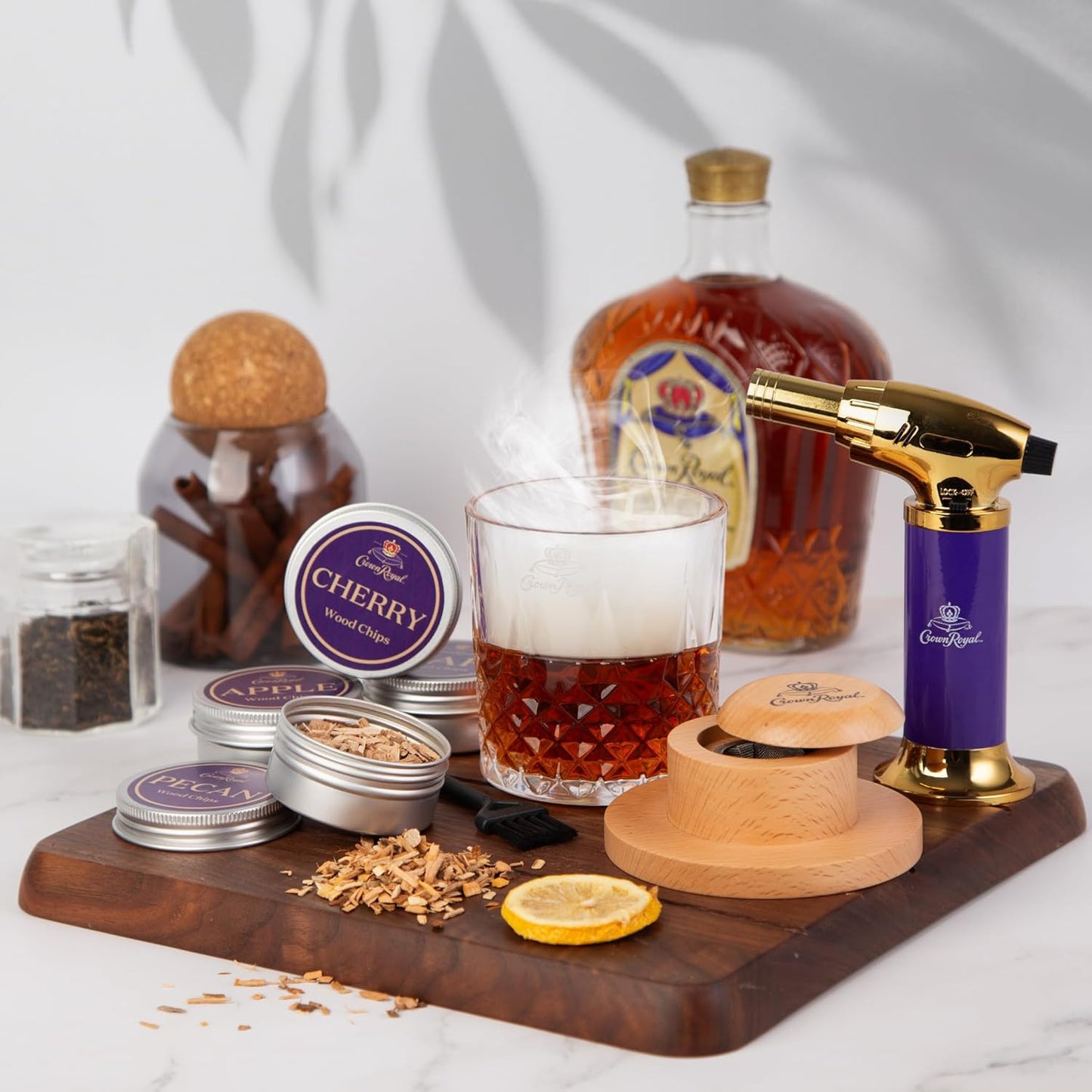 Crown Royal Cocktail Smoking Kit – Premium 10-Piece Whiskey Smoker Set with Butane Torch, Wood Chips (Oak, Apple, Cherry, Pecan), Mesh Burn Cups & Wooden Lid – Gift Set for Whiskey & Bourbon Lovers