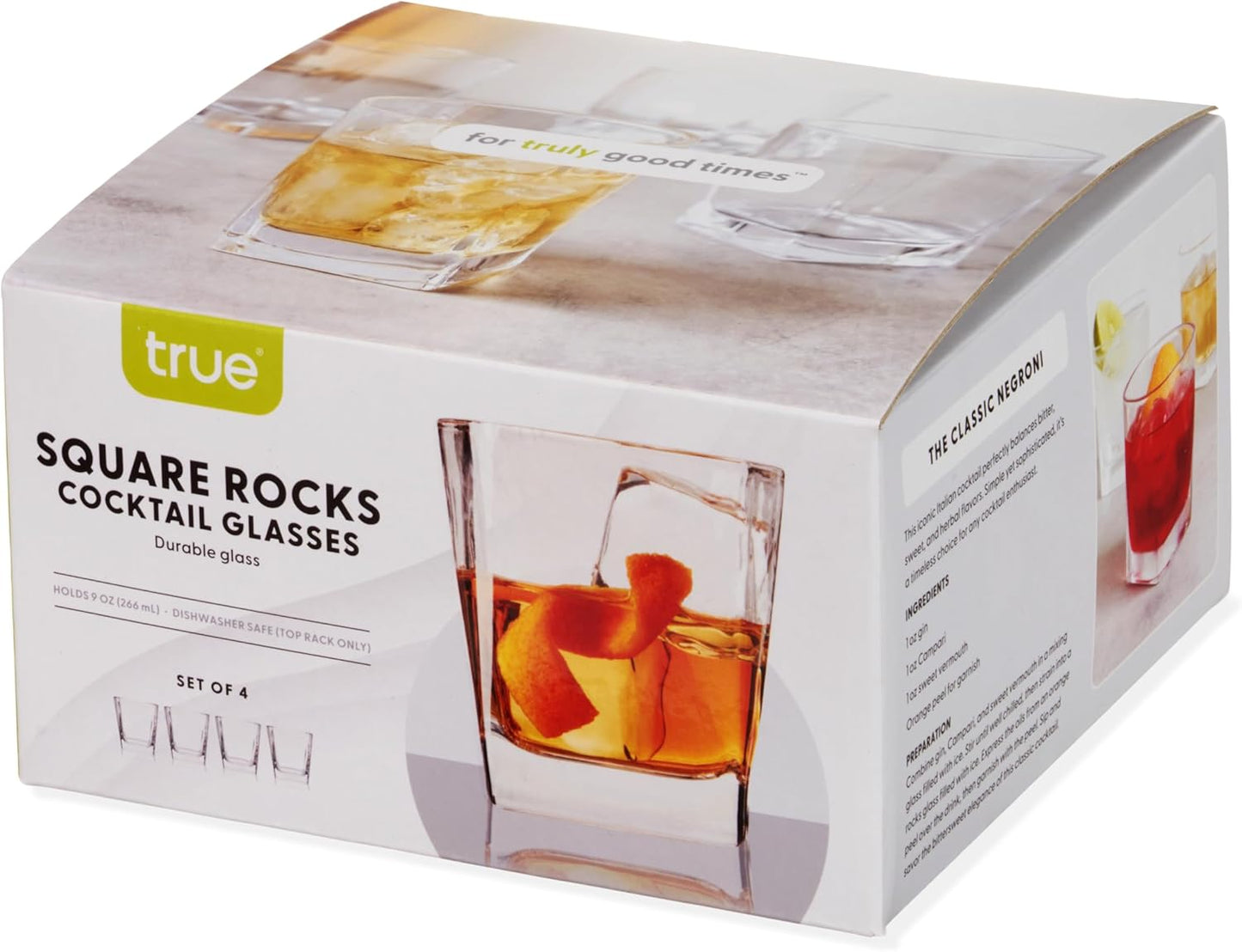 TRUE Square Rocks Glass, Old Fashioned Whiskey Glasses, Superb Drinking Cups for Cocktail Party, Home Bar, Bartender Accessories, Set of 4, 10 oz