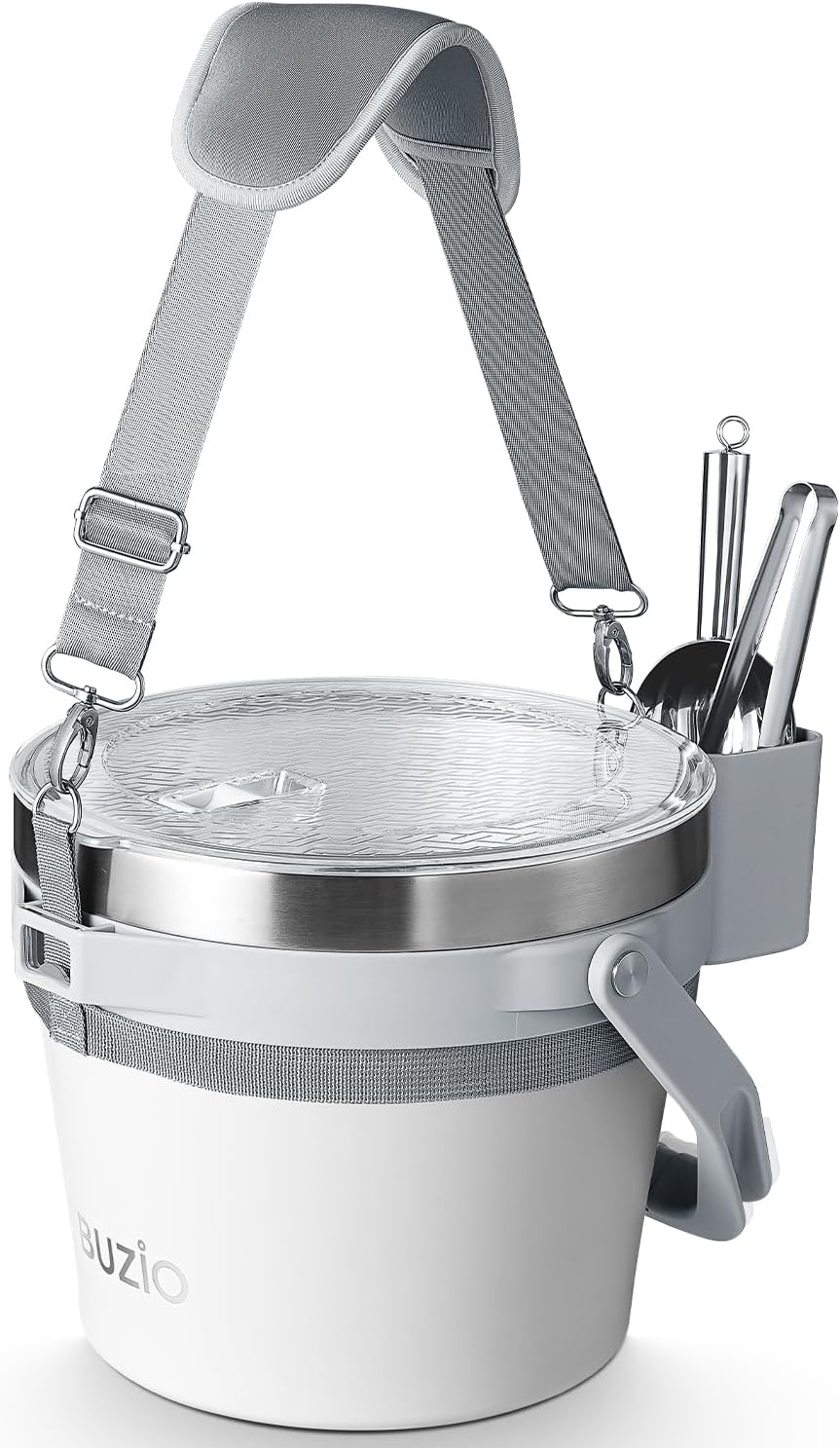 BUZIO 7.4 Qt/7 L Ice Bucket for Parties with Lid and Scoop & Tongs, Double Wall Vacuum Insulated Stainless Steel, Holds 6 Longnecks or 3 Wine Bottles, Large Beverage Bucket for Champagne, White