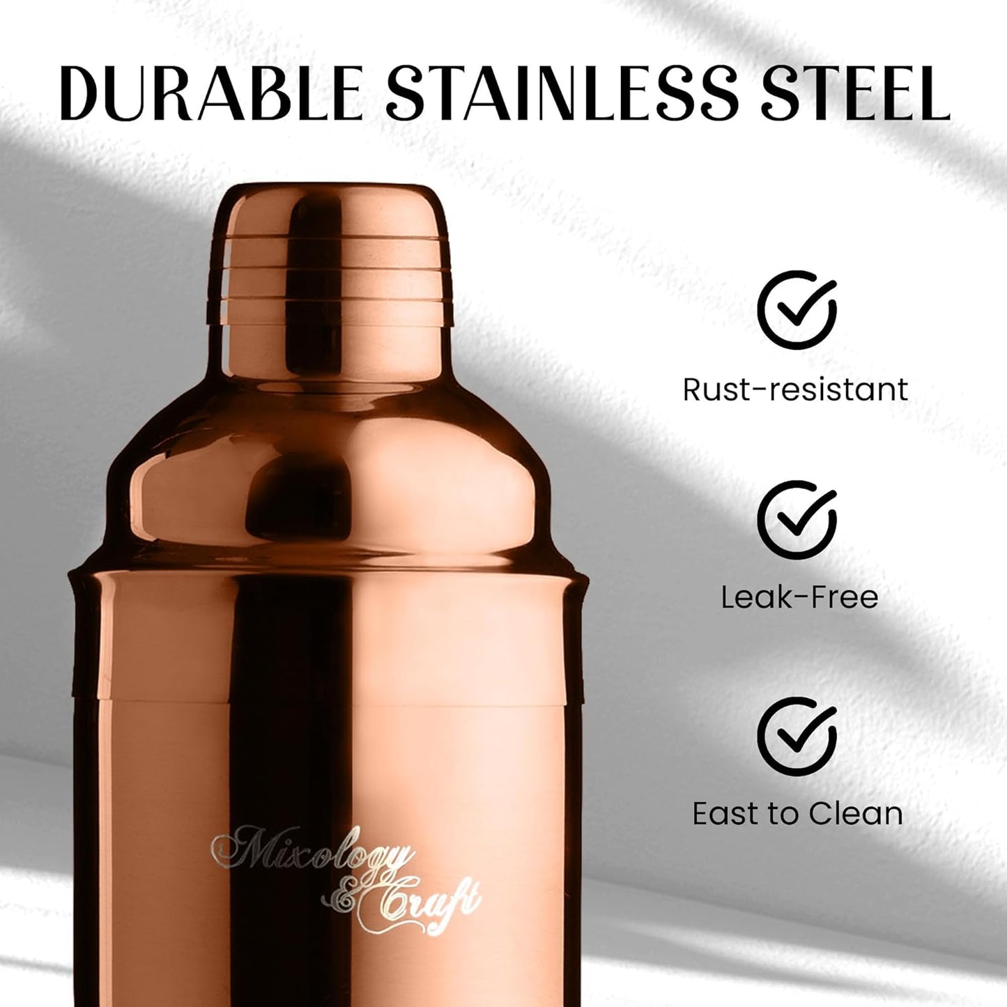 Mixology & Craft Rustic Cocktail Shaker Set – Includes Wood Stand, Complete Barware Kit with 24 Oz Shaker, Dual Jiggers, Pourers, Muddler, Strainer – Perfect for Home Bartenders (Copper)