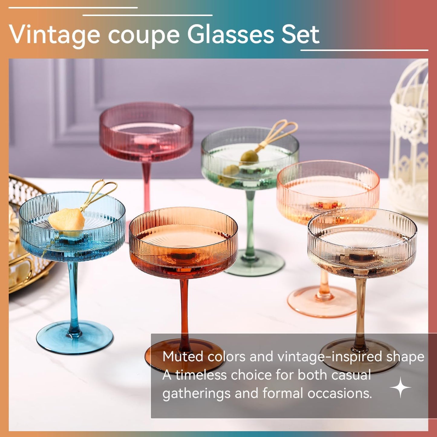 Colored Coupe Glasses Set of 6 |9 oz martini Glasses |Colorful Cocktail Glasses Set,Colored Coupe Glass,Champagne Coupe Glasses for Cocktail,Martini,Champagne