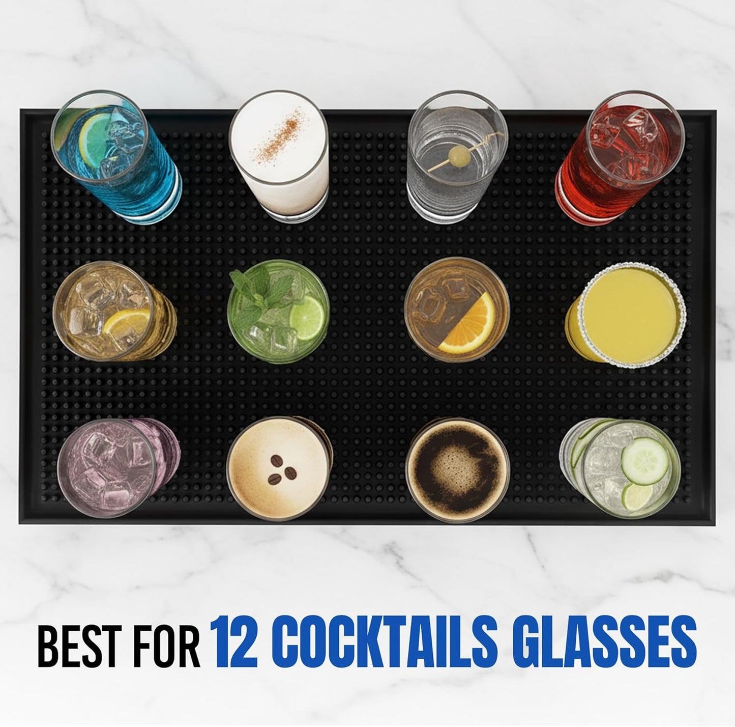 Commercial Standard Bar Mats 4 Pack, 18 x 12 Inch Rubber Non Slip Service Mats for Cocktail Mixing, Coffee Bar Drying, Dish & Countertop Protection for Bars & Cafes (Black)