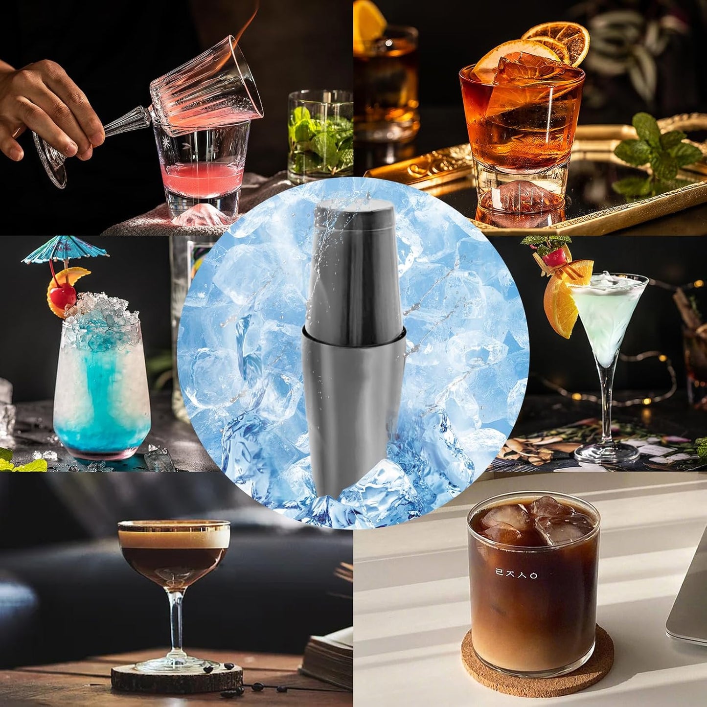 Safring Boston Cocktail Shaker Bar Set, Weighted Boston Shaker Tins, Bartender Kit with 18oz & 28oz Mixed Drink Shaker, Hawthorne Strainer, Double Measuring Jigger - Black