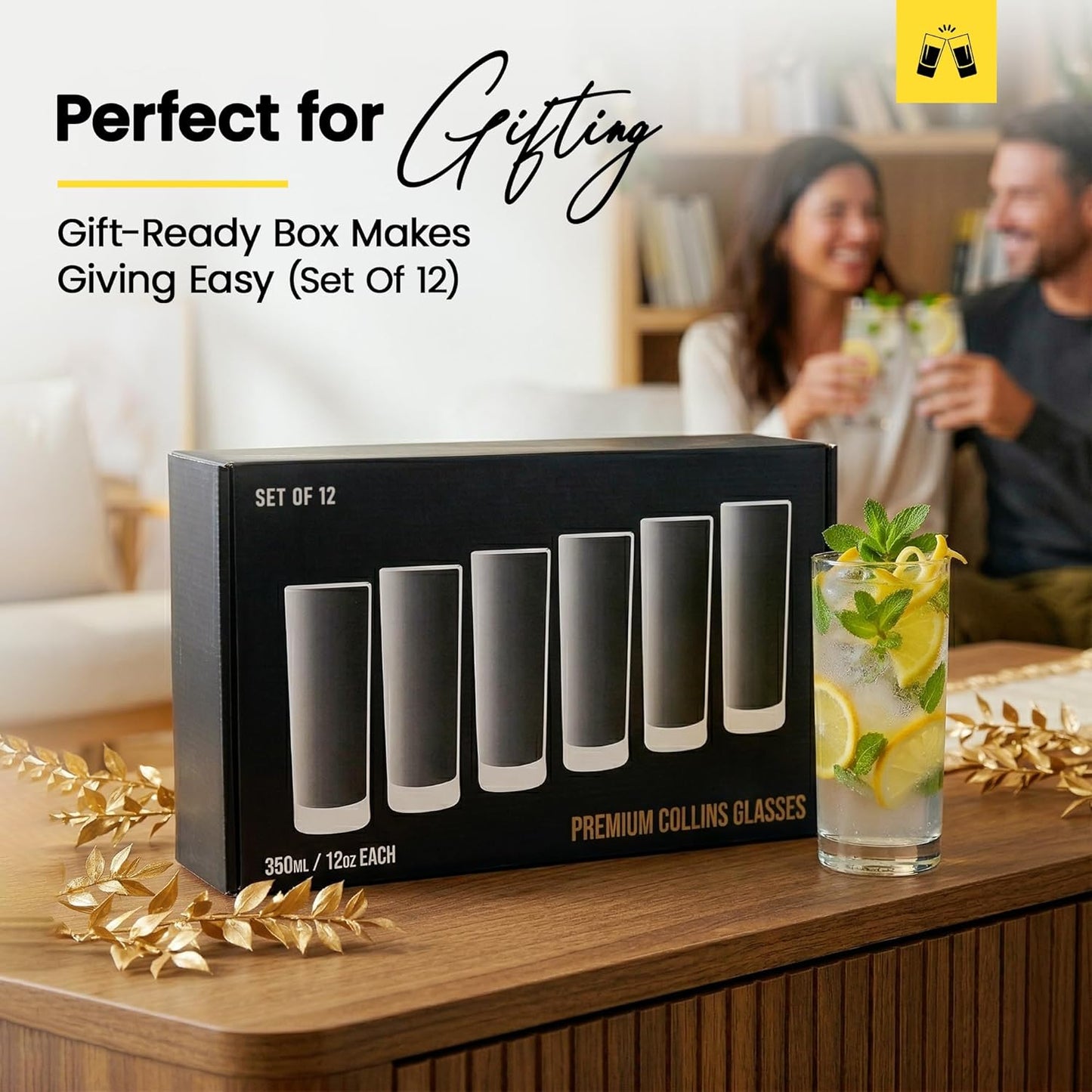 LEMONSODA Highball Glasses Set of 6 | 12oz Lead-Free Glass | Dishwasher Safe Sturdy Base | Clear Crystal Glass Tumblers for Mojito Whiskey Cocktail Bar Glassware Gift Box Included