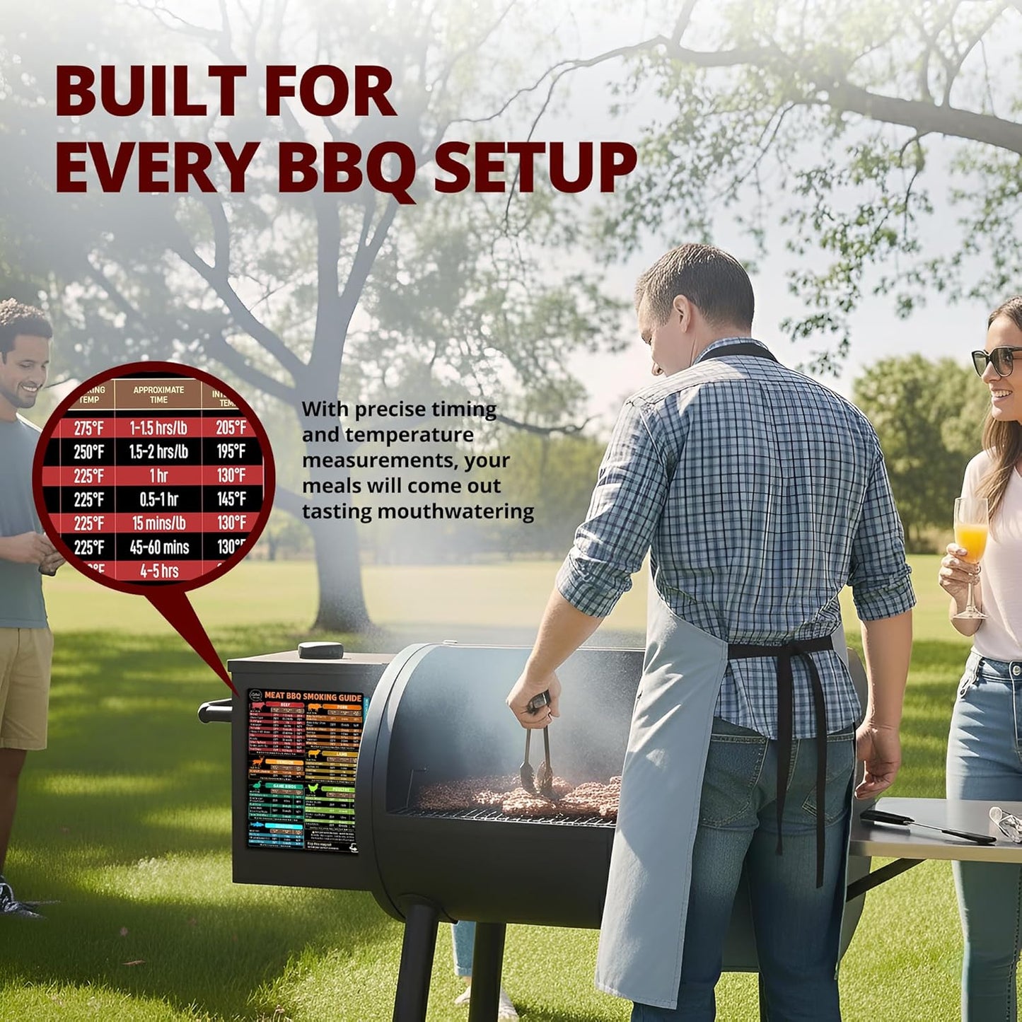 Lotteli Meat Smoking Guide Magnet Set - 4-Side Meat Temperature Chart with Smoking Time, Wood Pairing & Internal Temp - BBQ Smoker Accessories for Traeger, Pit Boss, Pellet Grills - Splash-Resistant