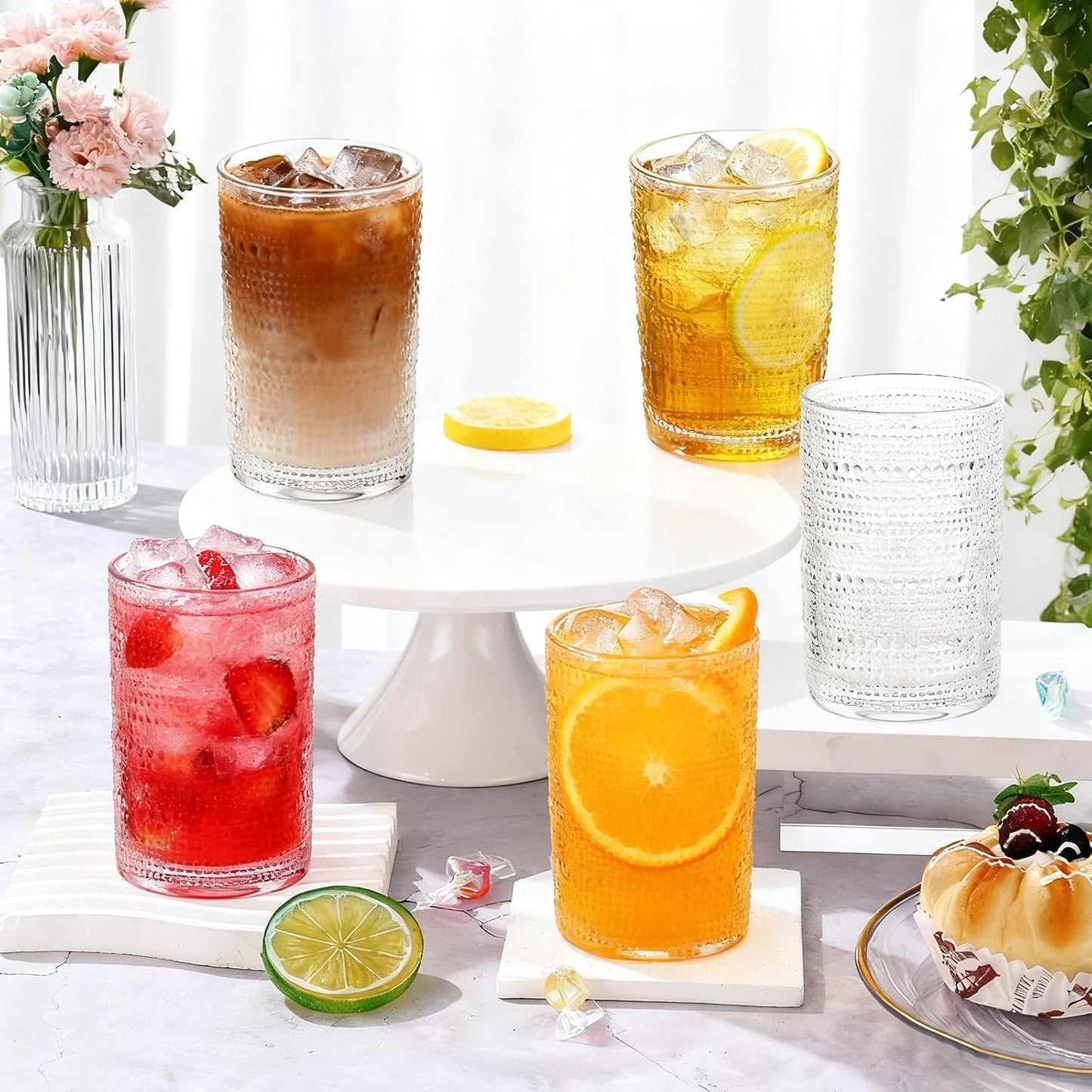 Hobnail Drinking Glasses Set of 4, 12 Oz Vintage Style Tumblers – Thick Durable Glass, Smooth Interior, Dishwasher Safe for Water, Juice, Wine, Whiskey