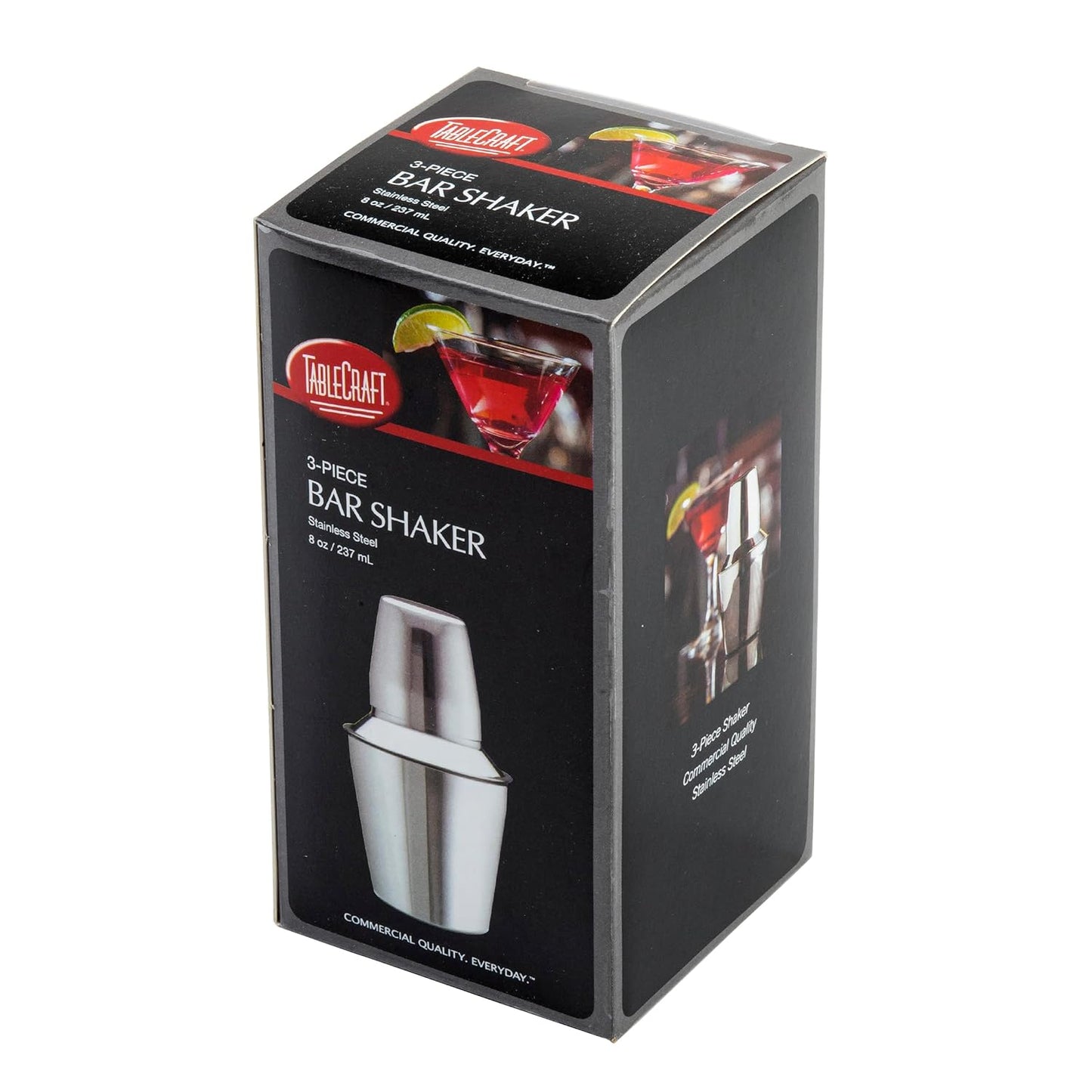 TableCraft 375 3-Piece Stainless Steel Cocktail Shaker, Bar Shaker with Built-In Strainer for Bartenders, Perfect for Mixing Cocktails, Margaritas – Durable Stainless Steel, Dishwasher Safe, 8oz