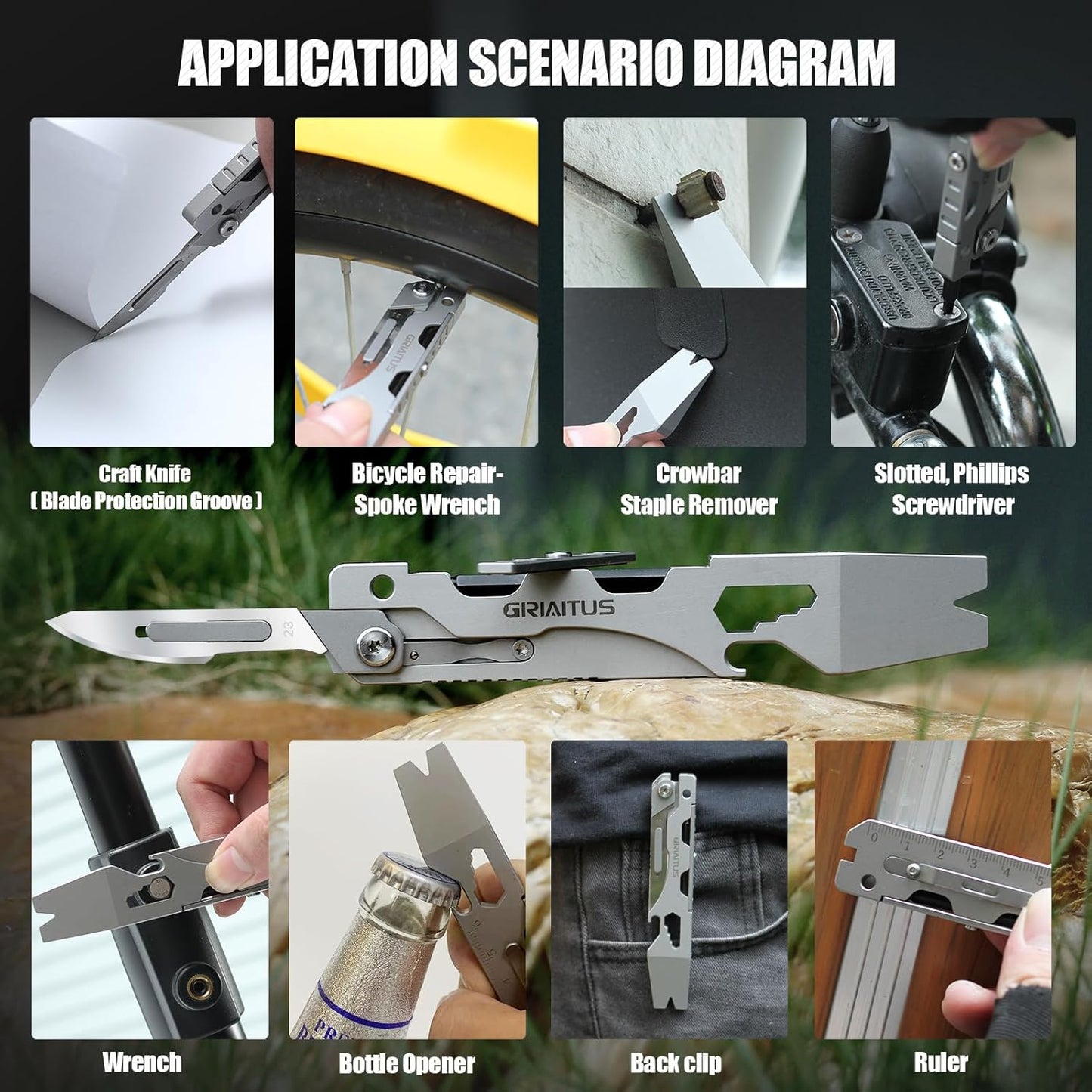 Multitool Pry Bar Wrench Tool with Flat/Phillips Screwdriver Folding Multi-tool Box Cutter Blade Knife, Bottle Opener, Steel Handle, Everyday Carry, Cycling, Camping EDC Pocket Gadget Gifts for Men