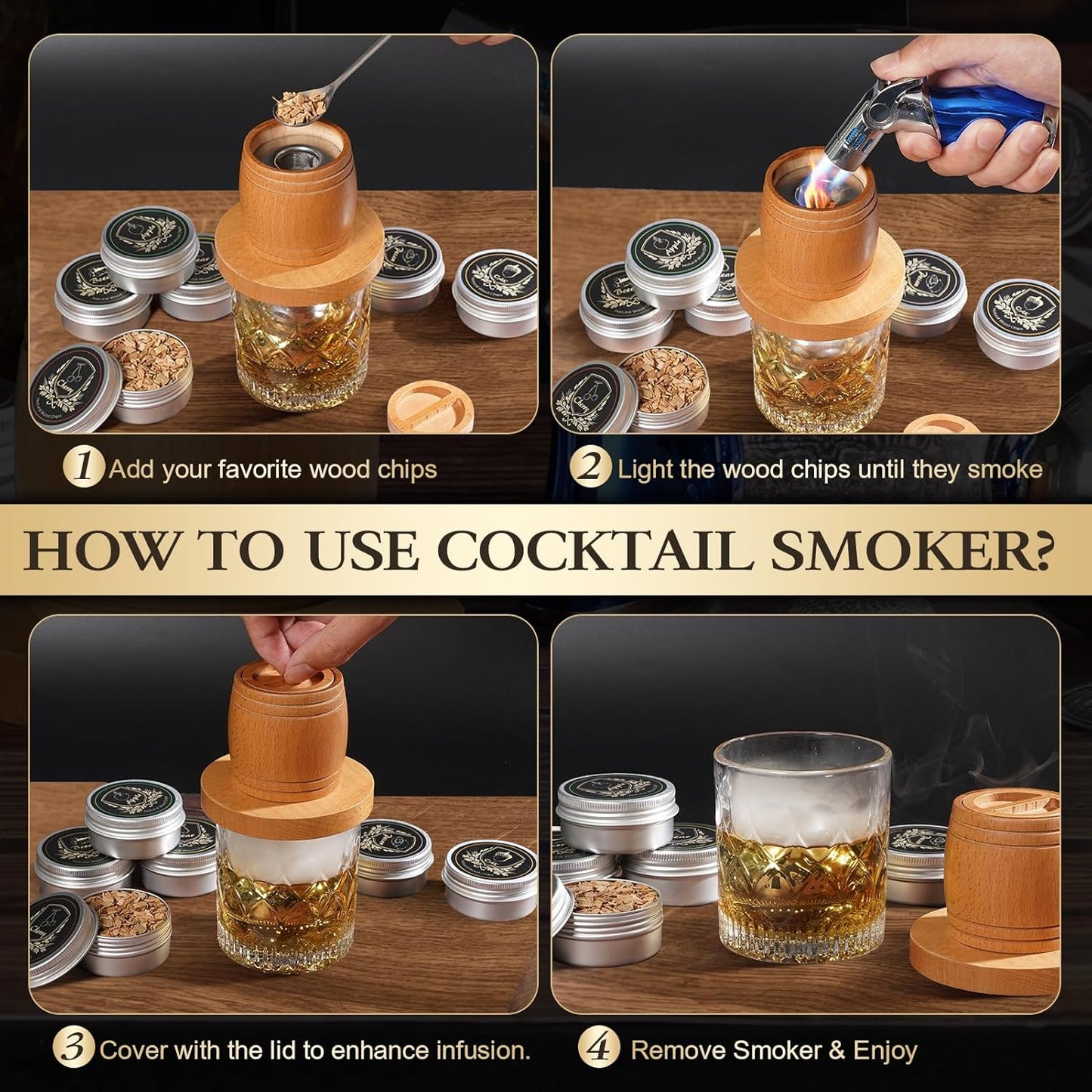 Whiskey Smoker Kit with Torch - Old Fashioned Cocktail Smoker Kit with 6 Flavors Wood Chips | 2 XL Stainless Steel Ice Balls & 2 Glasses, Christmas Bourbon Whiskey Gifts for Men, Dad(No Fuel Included)