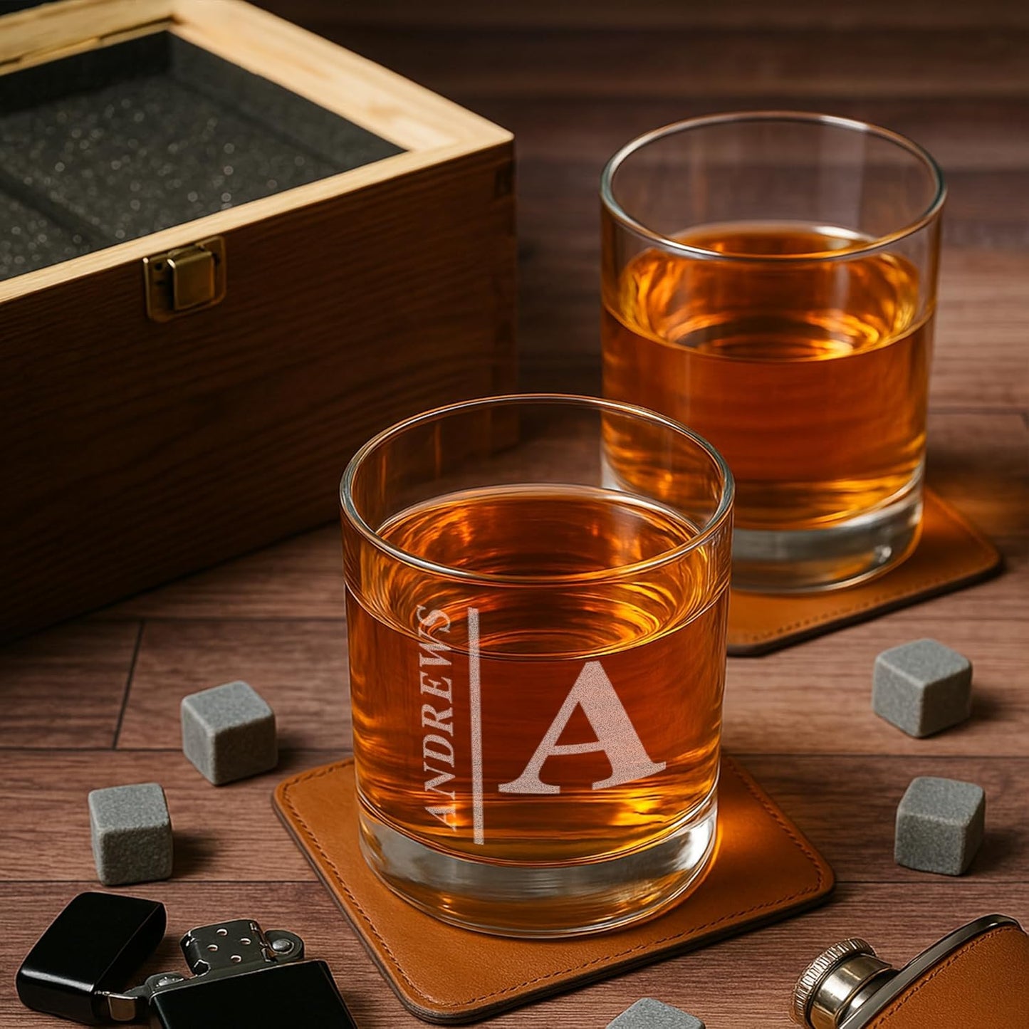 Personalized Vintage Birthday Whiskey Gifts for Men - 11 oz Engraved Bourbon Glass - Set of 2 Vintage Whiskey Cup in Wooden Box - 4 Designs Custom Scotch Glass Gift For Him (Name Monogram)