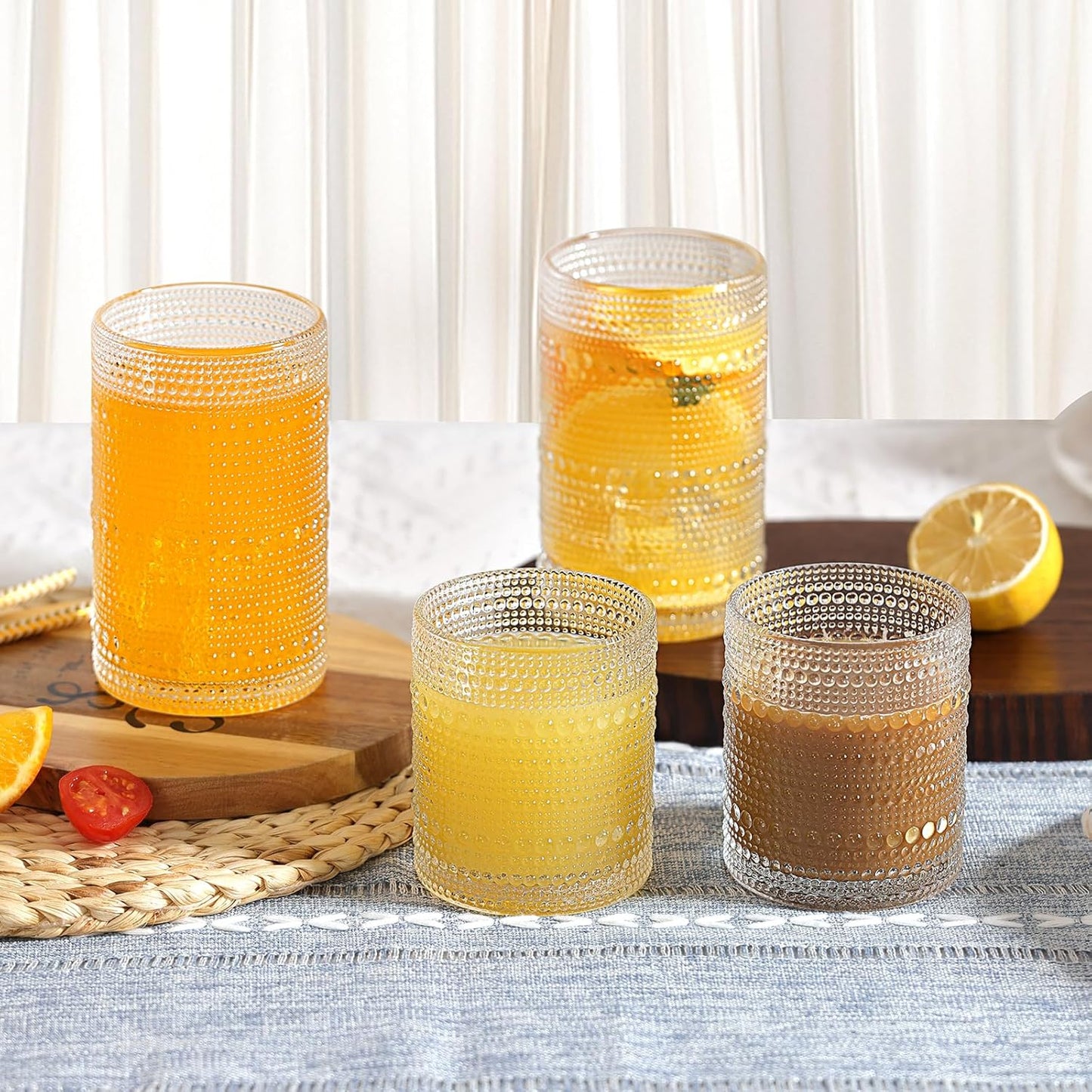 Moretoes Hobnail Drinking Glasses Set of 12, Vintage 15 Oz Highball Glasses & 10 Oz Cocktail Glasses, Clear Embossed Boho Glass Cups Kitchen Bar Tumbler Glassware Set for Whiskey, Beer, Juice, Milk