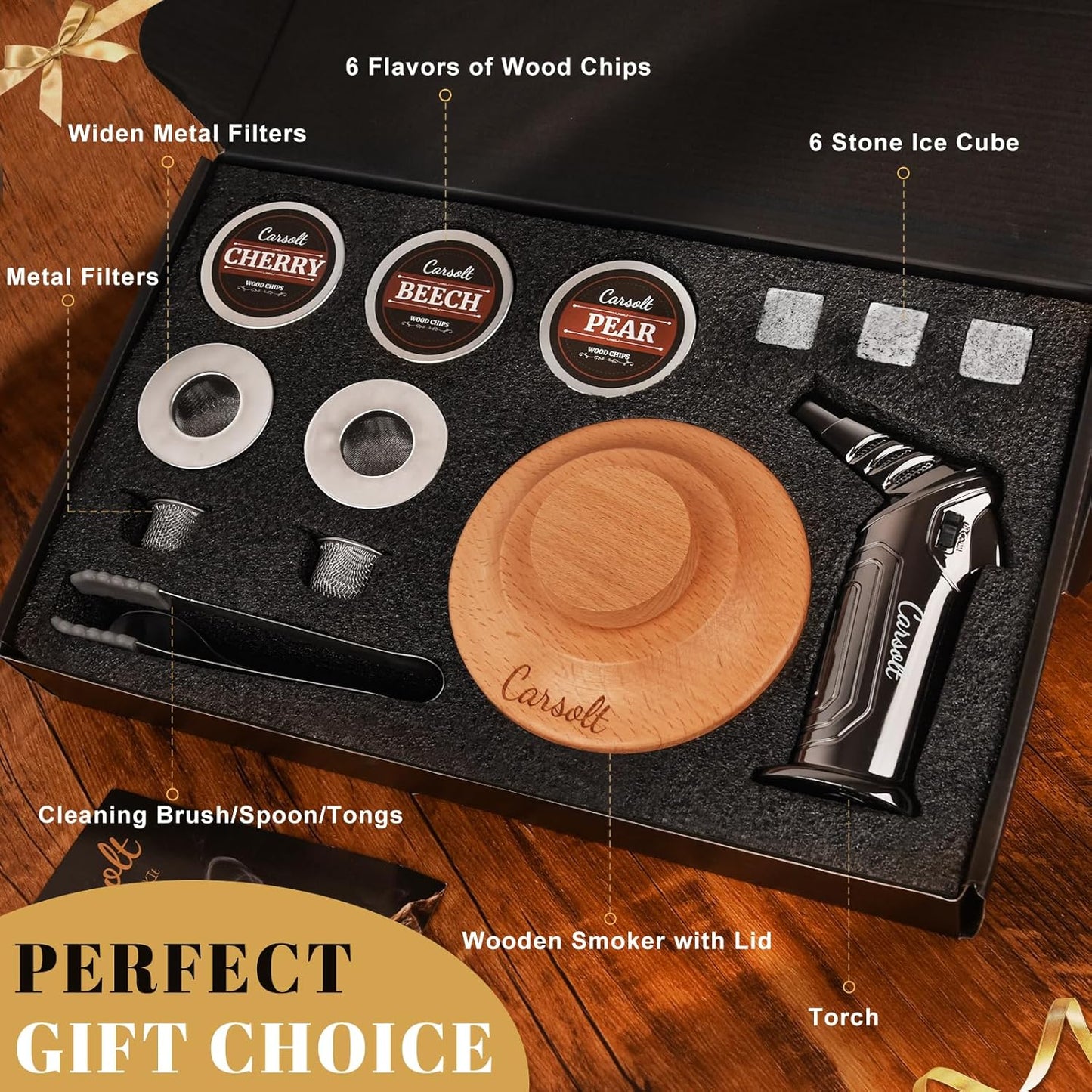 Cocktail Smoker Kit with Torch - 6 Flavors Wood Chips, 4 Metal Filters, Whiskey Smoker Infuser kit for Bourbon Whisky Cocktail, Old Fashioned Drink Smoker Kit Gifts for Men, Dad, Husband(No Butane)
