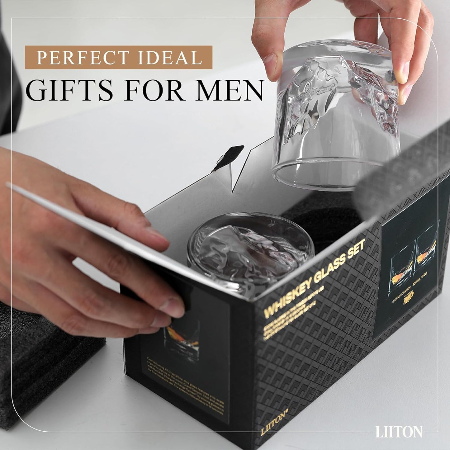 LIITON Grand Canyon Heavy Crystal Whiskey Glasses Gift Set of 2, Thick Freezable Bourbon Glass 1lb Each, Premium Whiskey Gifts for Men, Frozen Crystal Chills Cocktails, 10 oz