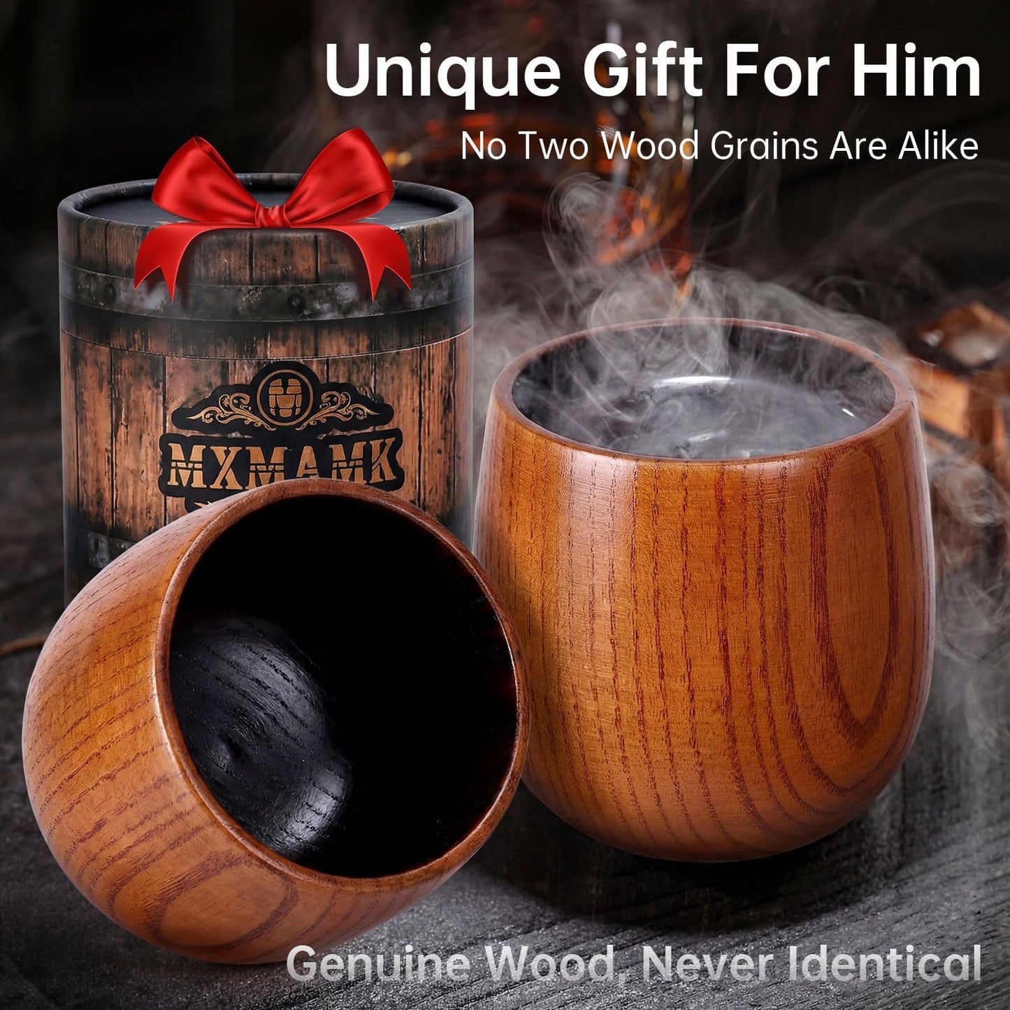 Charred Oak Whiskey Glasses Set of 2, 10oz Handcrafted Wooden Tumblers – Shatterproof Bourbon Glass Pair, Gift Set for Fathers, Dad, Him, Husband | Birthday & Retirement Gifts for Men from Son, Wife