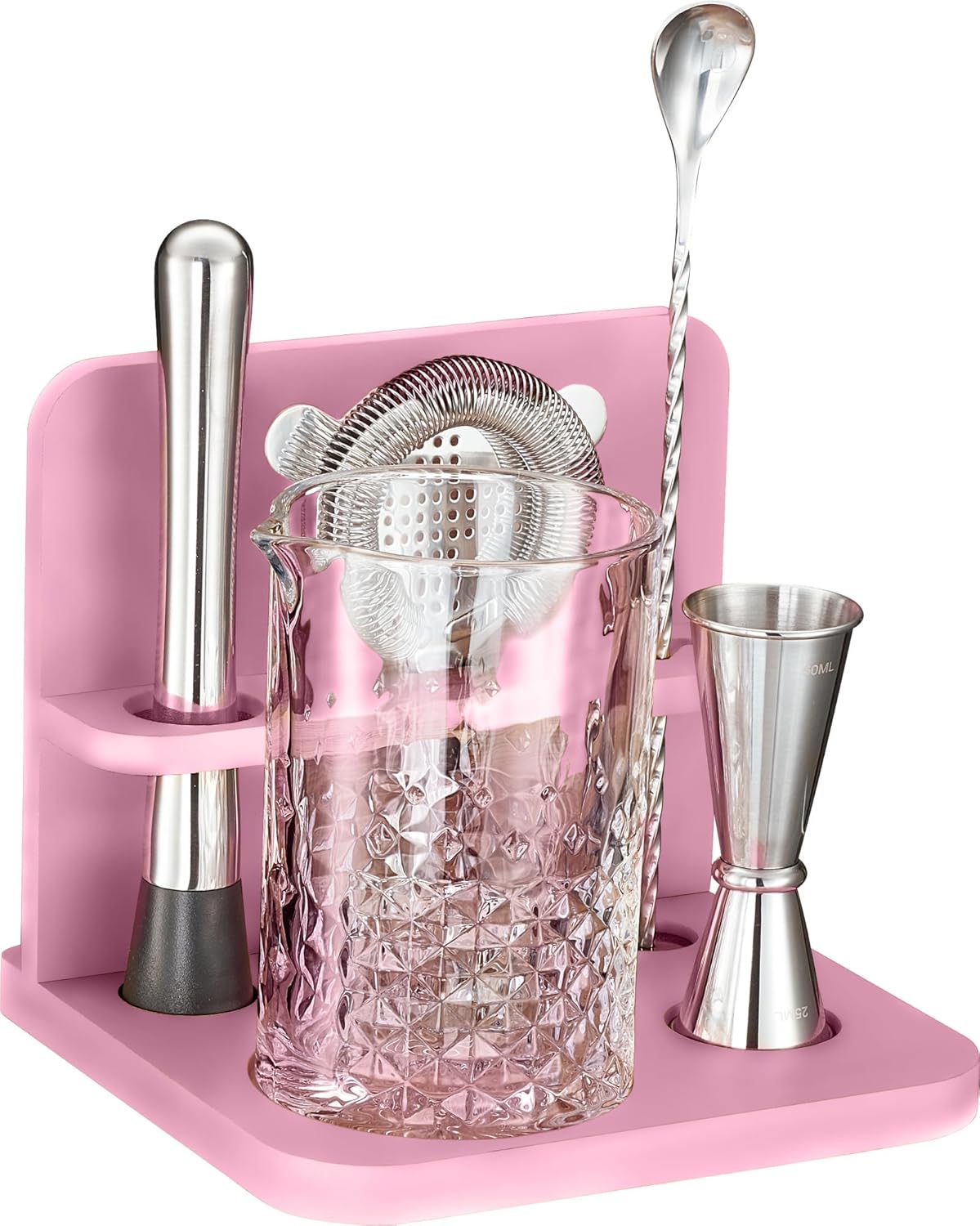 Mixeries Crystal Cocktail Mixing Glass Set with Bamboo Stand - 22 Oz 650ml - Thick and Sturdy Bottom, Durable and Seamless Design with Bar Accessories, Pink