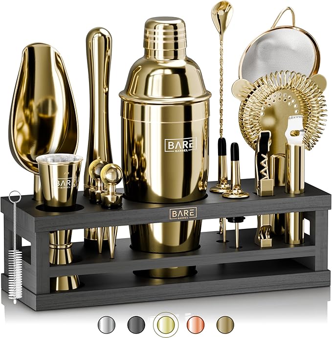 BARE BARREL® Mixology Bartender Kit Bar Set | 16-Piece Cocktail Shaker Set | Martini Barware Mixing Tools for Home Bartending | Incl. 35 Recipe Cards | Gift Set (24oz Cobbler Shaker, Silver/Natural) - Gold/Black