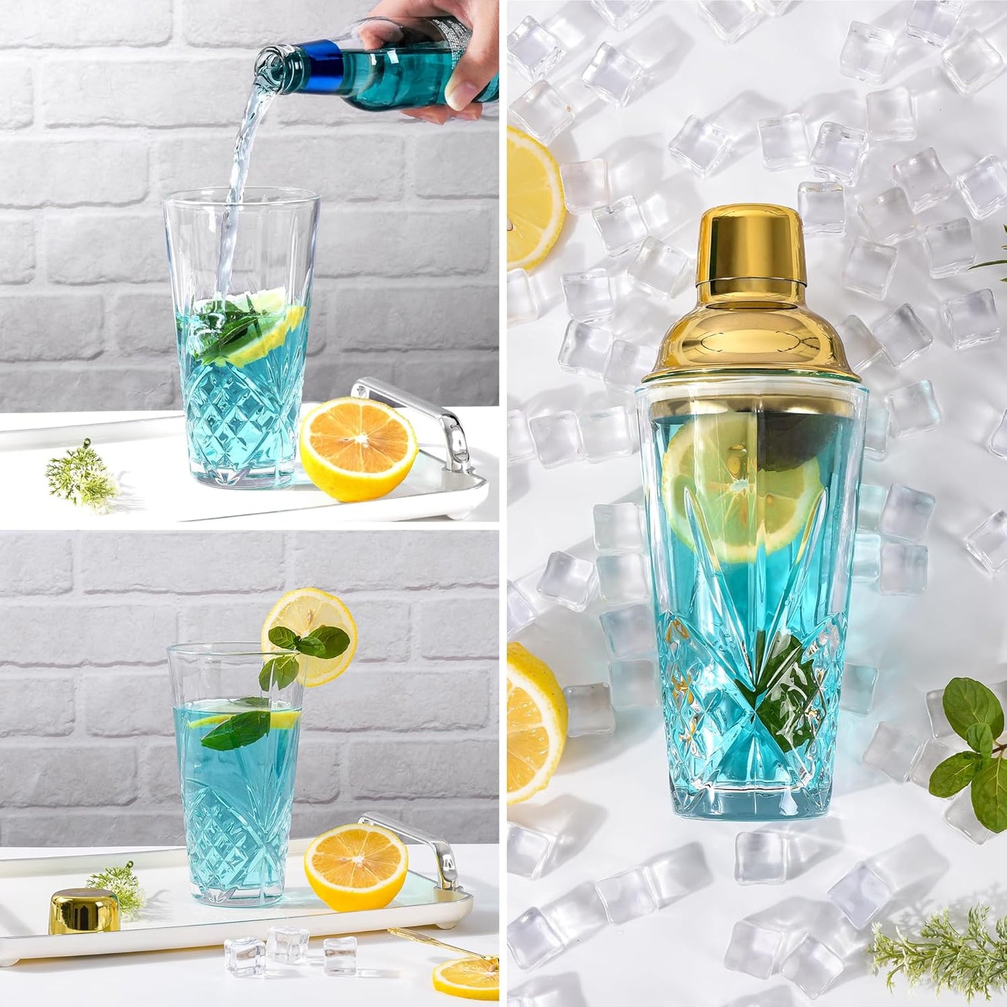 Glass Cocktail Shaker with Gold Lid, 15oz Crystal Cocktail Shaker Glass with Built-In Strainer, Leak Proof Shaker for Martini, Margarita, Mojito (1-Piece)