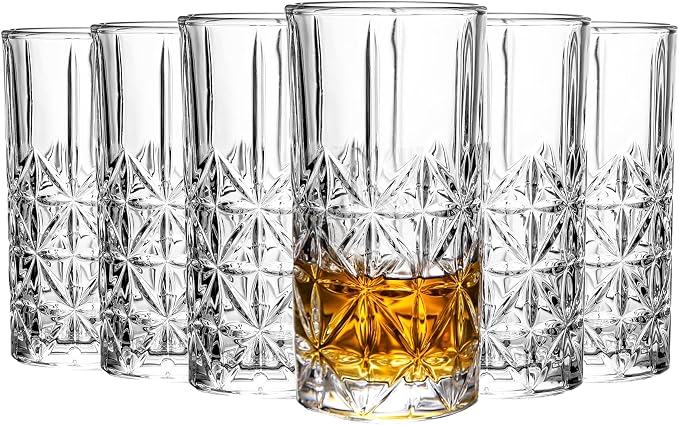 Highball Glasses Collins Tall Beverage Set of 6, 14 Ounce Cups Glassware for Drinks, Water, Beer, Soda - B0DJP81CVJ