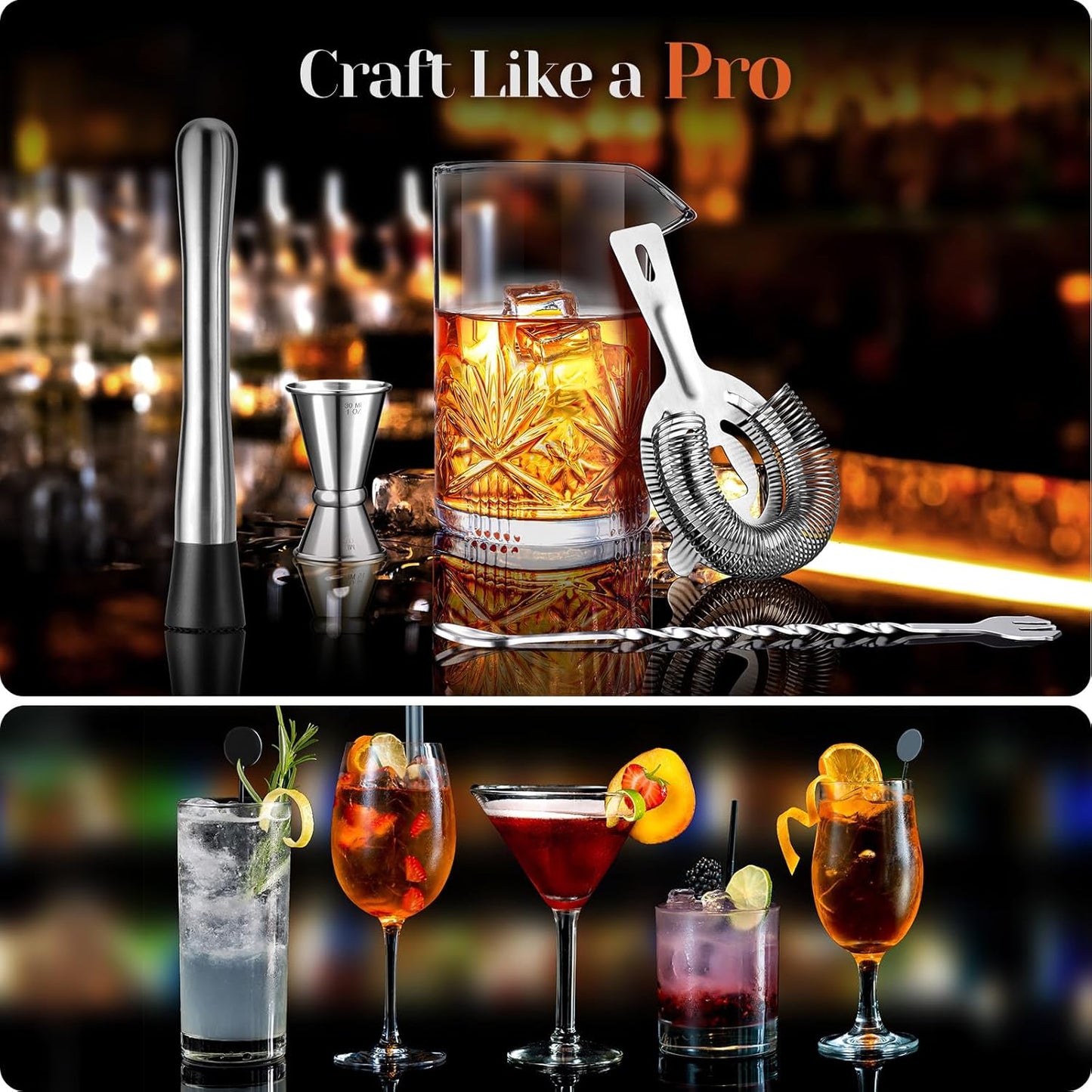 Cocktail Mixing Glass, veecom 18oz Crystal Bartender Kit, 5 Piece Bar Mixing Glass Old Fashioned Cocktail Kit with Strainer, Muddler, Spoon, Jigger, Cocktail Mixer