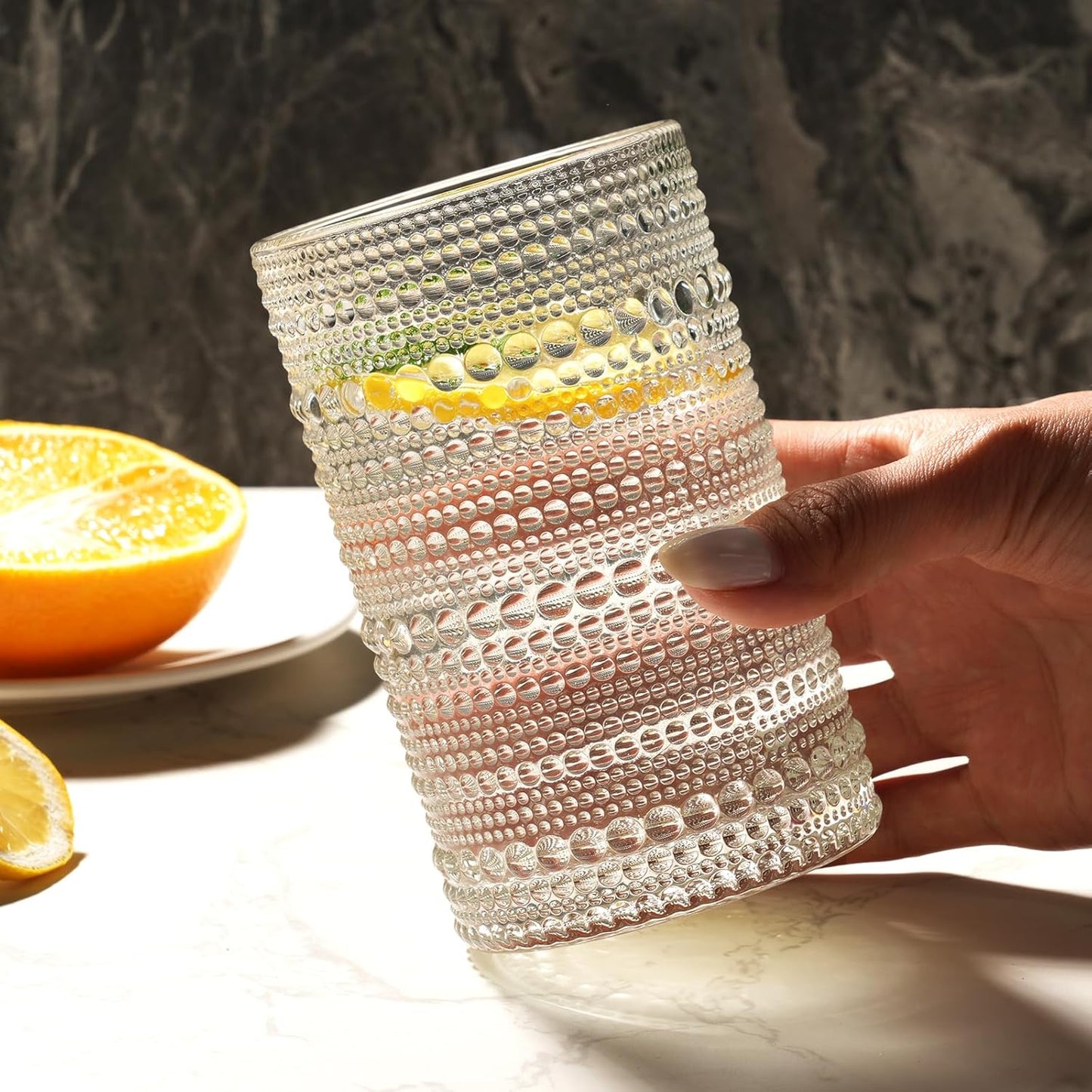 Moretoes Drinking Glasses Set of 12,12 Oz Hobnail Highball Glasses Clear Embossed Boho Water Glass Cups Kitchen Bar Tumbler Glassware Set for Whiskey, Beer, Juice, Milk and Various Mixed Drinks