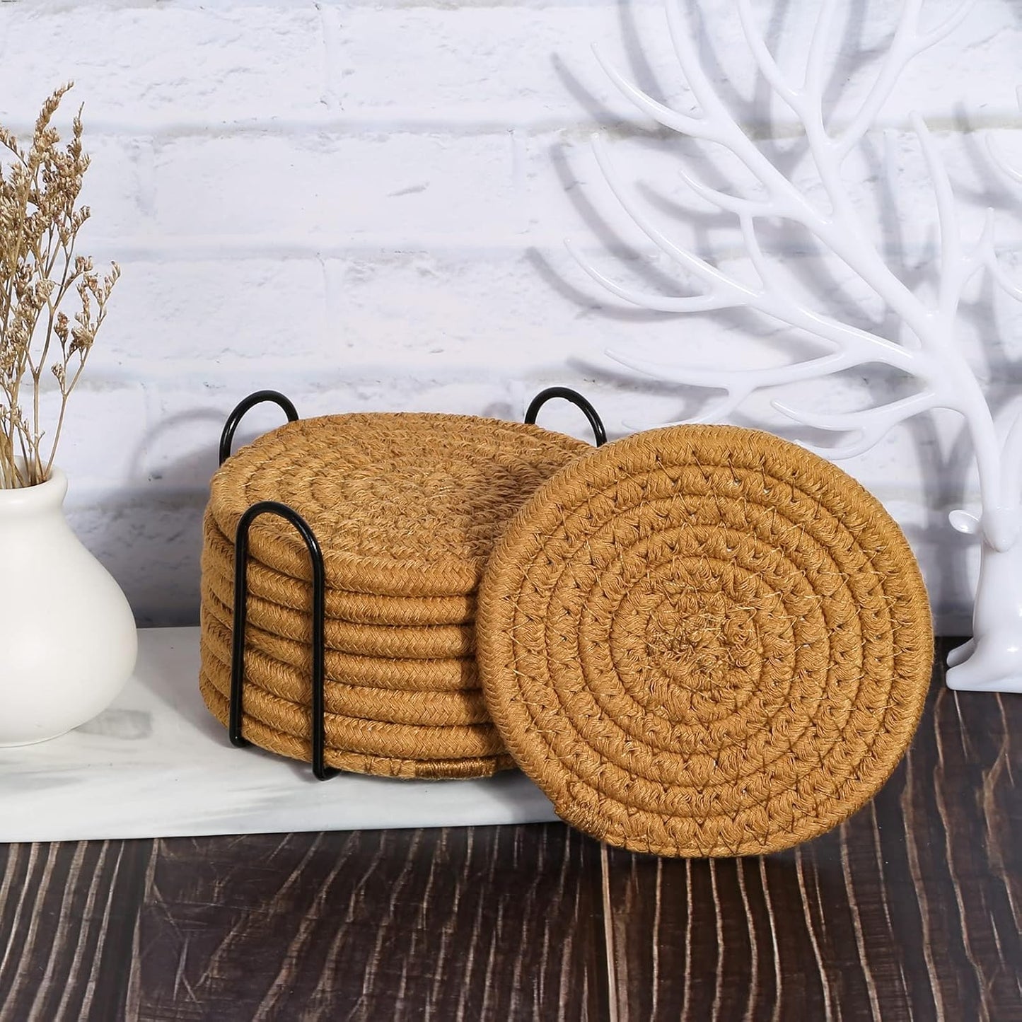 Mckanti 8 Pcs Drink Coasters with Holder, Absorbent Coasters for Drinks, Minimalist Cotton Woven Coaster Set for Home Decor Tabletop Protection Suitable for Kinds of Cups, 4.3 Inches.