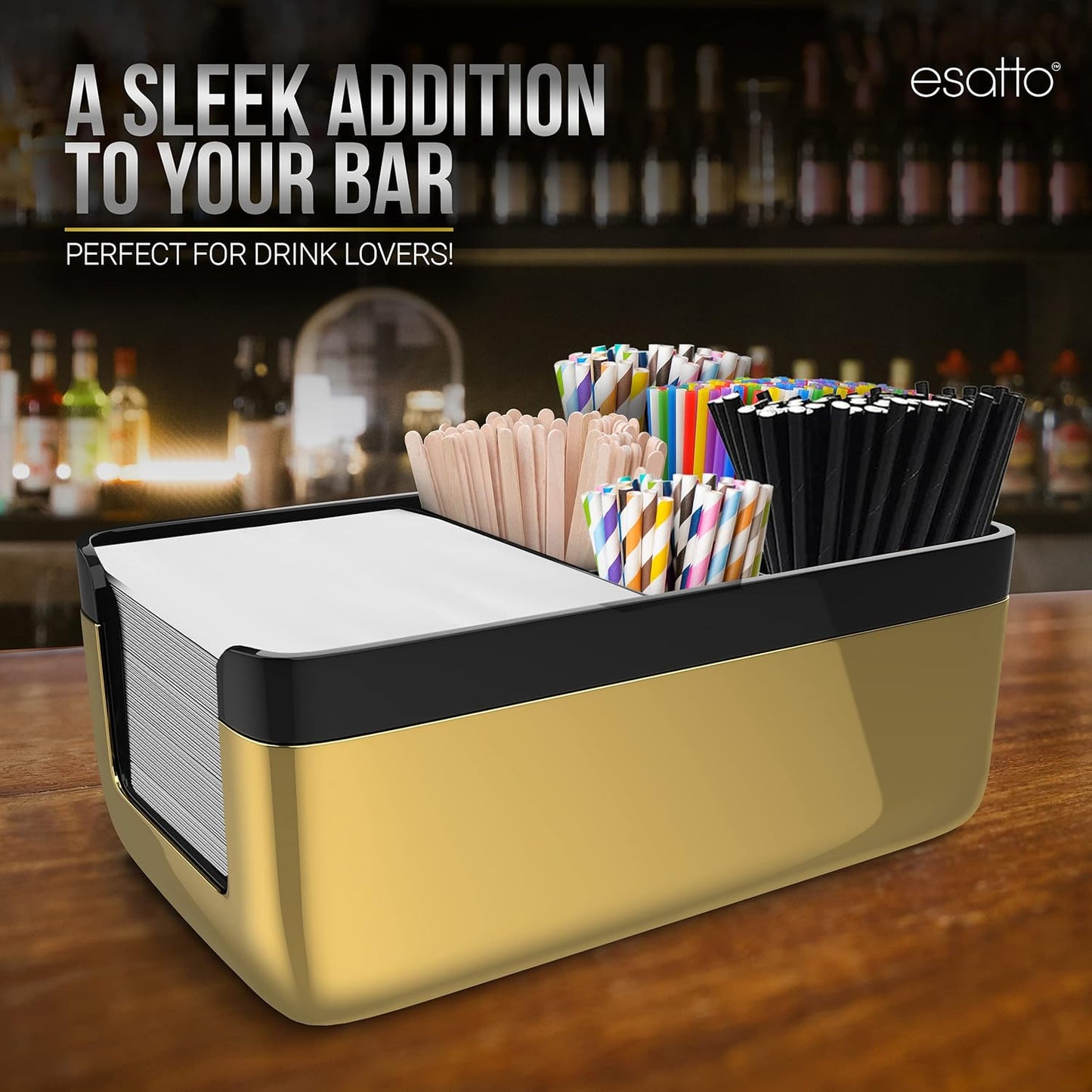 Esatto Professional Bar Products Premium Bar Caddy (Gold), Used to Easily Organize Bar Items and Workspace, With Additional 12 Pourers For Precision Pouring and 12 Pourer Covers