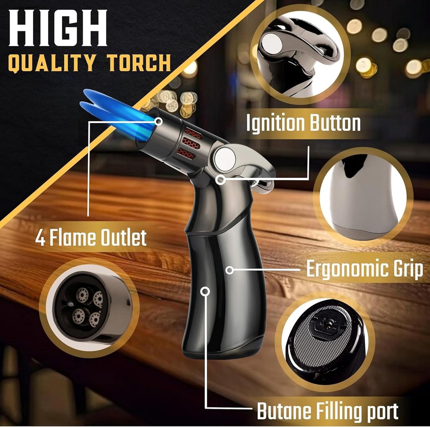 Whiskey Smoker Kit with QuadTorch, 6 Wood Chips & Wood Box for Smoking Drinks| Cocktail Smoker Kit| Bourbon Smoker Kit| Smoked Old Fashioned Kit| Whiskey Gift for Men, (No Butane Incl.)
