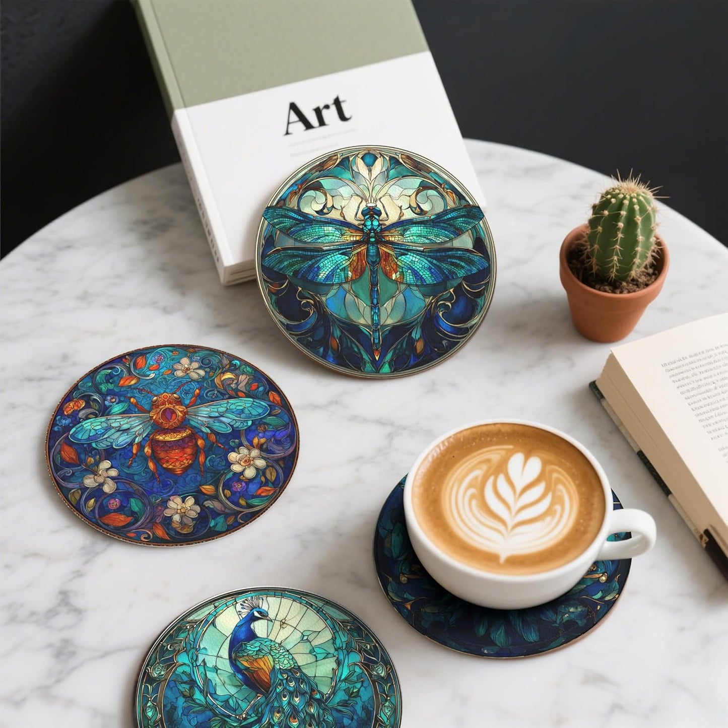 Insect Coasters Leather Round Drink Coasters 6 Pcs Set with Holderor for Cup Drink Coffee Table Bar Home Decor