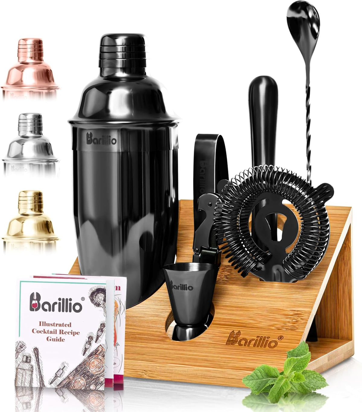 Barillio Bartender Kit - Stainless-Steel Cocktail Shaker Set with Bamboo Stand - Mixology Bar Tools w/Shaker, Drink Mixer Spoon & Muddler for Cocktails - Home Bar Accessories - 10-Pc Bar Set - Silver - Black