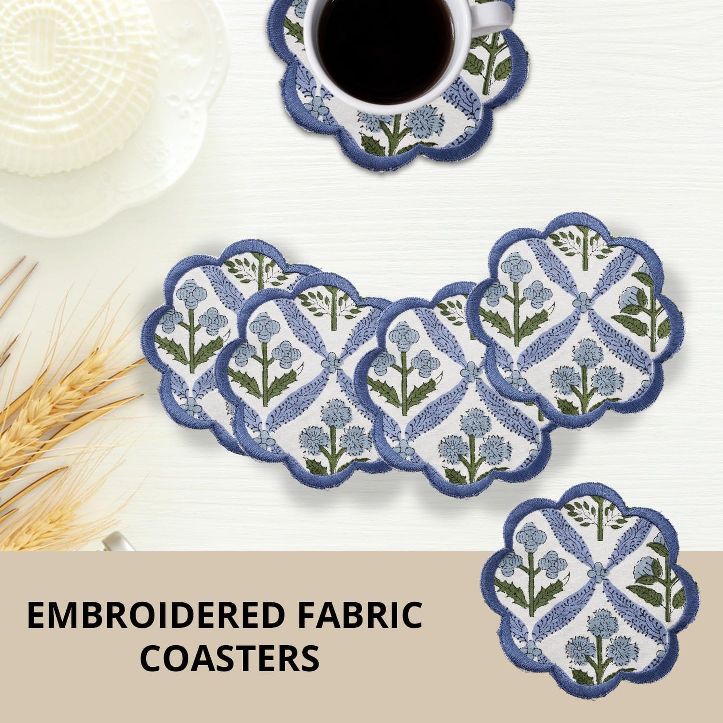 Ridhi Hand Block Print 8- pcs Canvas Cotton Drink Absorbent Stylish Embroidery Scallop Coaster Set Boho Modern Home Decor and Wooden Table Protection 5 inch Light Steel Blue