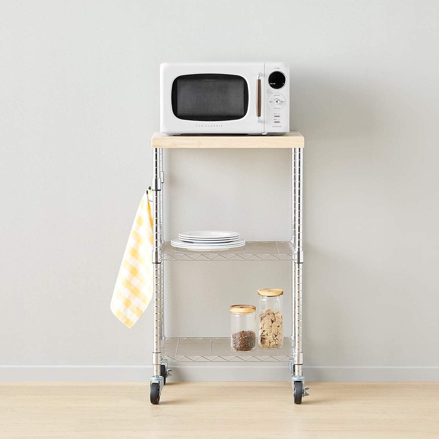 Amazon Basics Portable Kitchen 3-Tier Storage Rack on Caster Wheels with Adjustable 2 Shelves, 175 Pound Capacity, 21 x 15 x 36.7 inches (LxWxH), Wood/Chrome