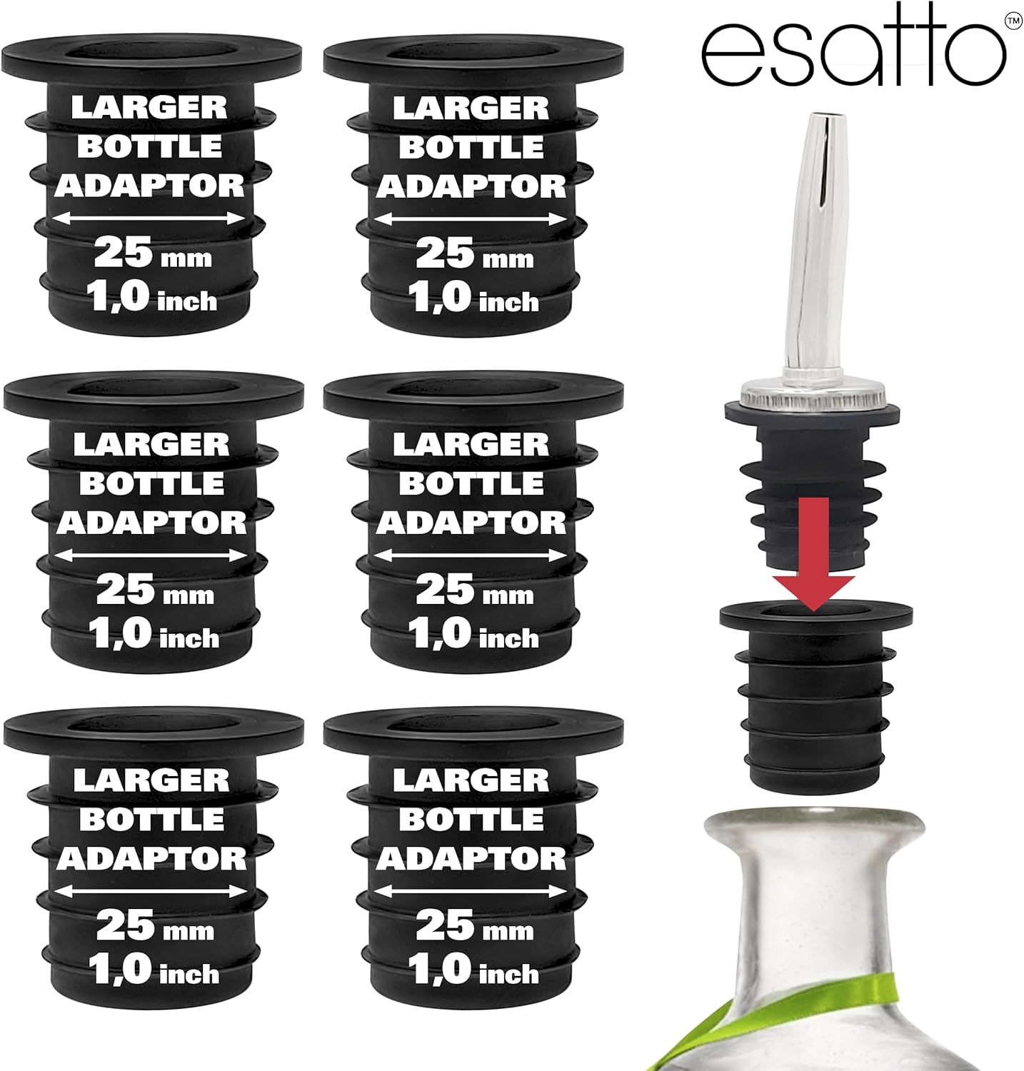 Esatto Liquor Pourer Adapters - 6 Pieces Set, Perfect for Large Olive Oil Bottles and Liquor Bottles - Up to 1 Inch/25mm Neck Converts Any Spout into a Large Pour Spout