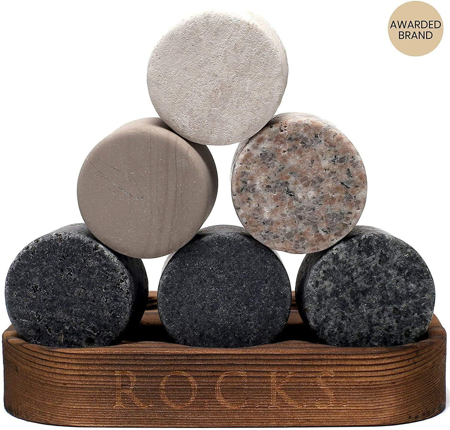 Whiskey Chilling Stones Gift Set - 6 Handcrafted Premium Granite Round Sipping Rocks - 2 Heavy Bourbon Glasses - Hardwood Presentation & Storage Tray - Elegant Gold Foil Gift Box by R.O.C.K.S.