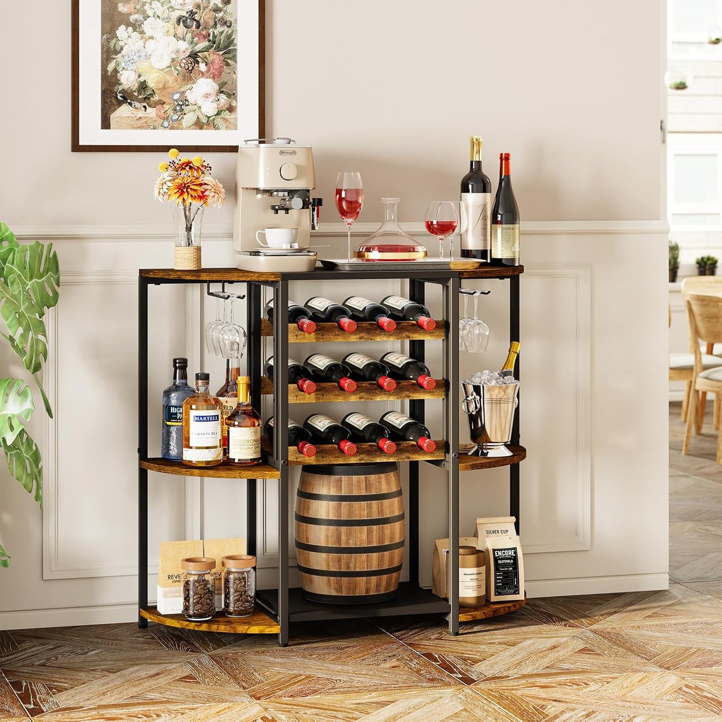 JKsmart Small Wine Bar Cabinet with LED Lights, Mini Wine Rack with Storage and Glass Holder, Home Bar Cart for Liquor, 3-Tier Bar Table for Kitchen, Dining Room, Living Room, Rustic Brown
