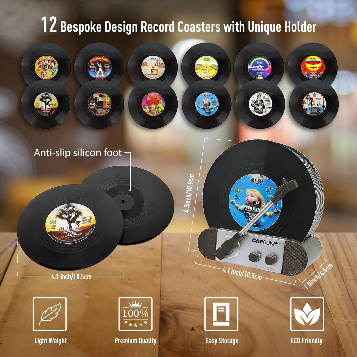 Funny Retro Vinyl Record Coasters, Creative Drink Coasters Set of 12 for Music Lovers, Housewarming Hostess Gifts, Birthday and White Elephant Gifts Ideas (V03)