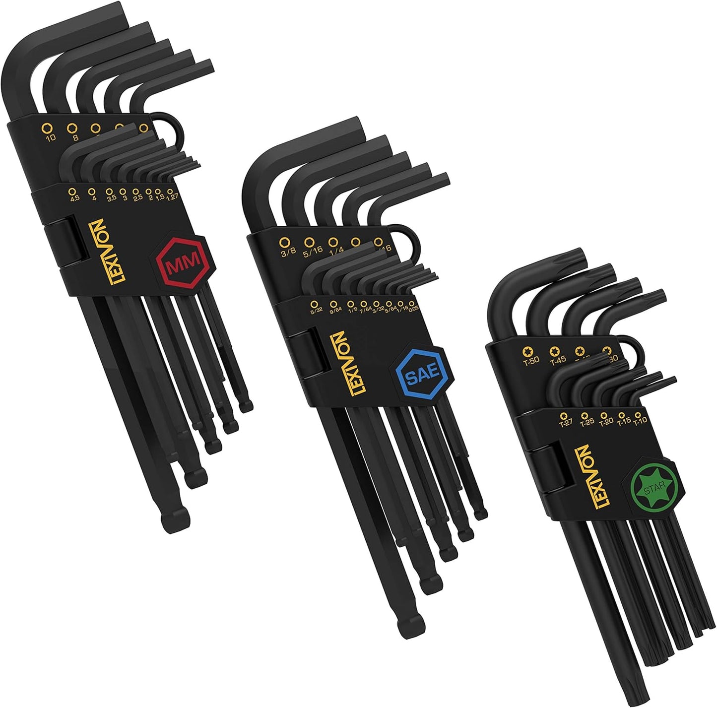 LEXIVON Master Wrench Key Set, 35-Piece Long Arm Ball End Hex Keys | 3-Pack Metric/SAE & Star, Industrial Grade S2 Alloy Steel (LX-131)