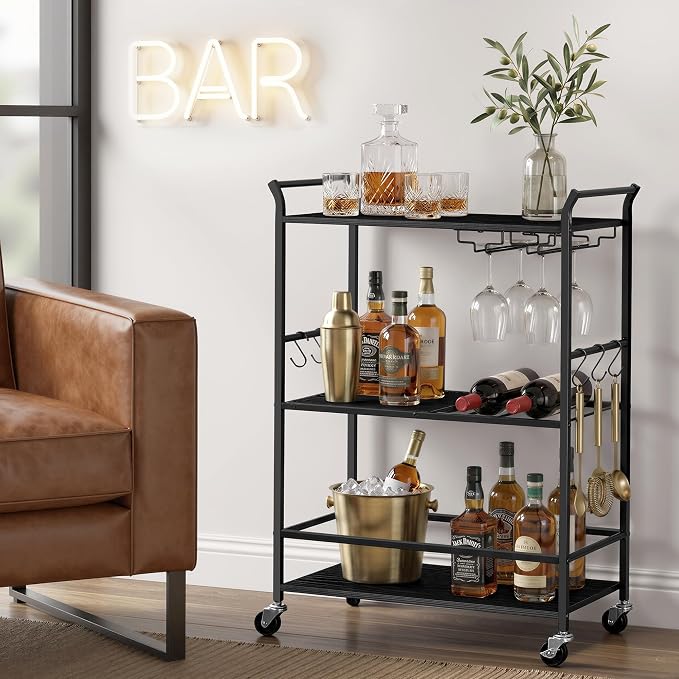 VASAGLE Bar Cart with 2 Mirrored Shelves, Wine Holders, Glass Holders - B0H6M8C9VK