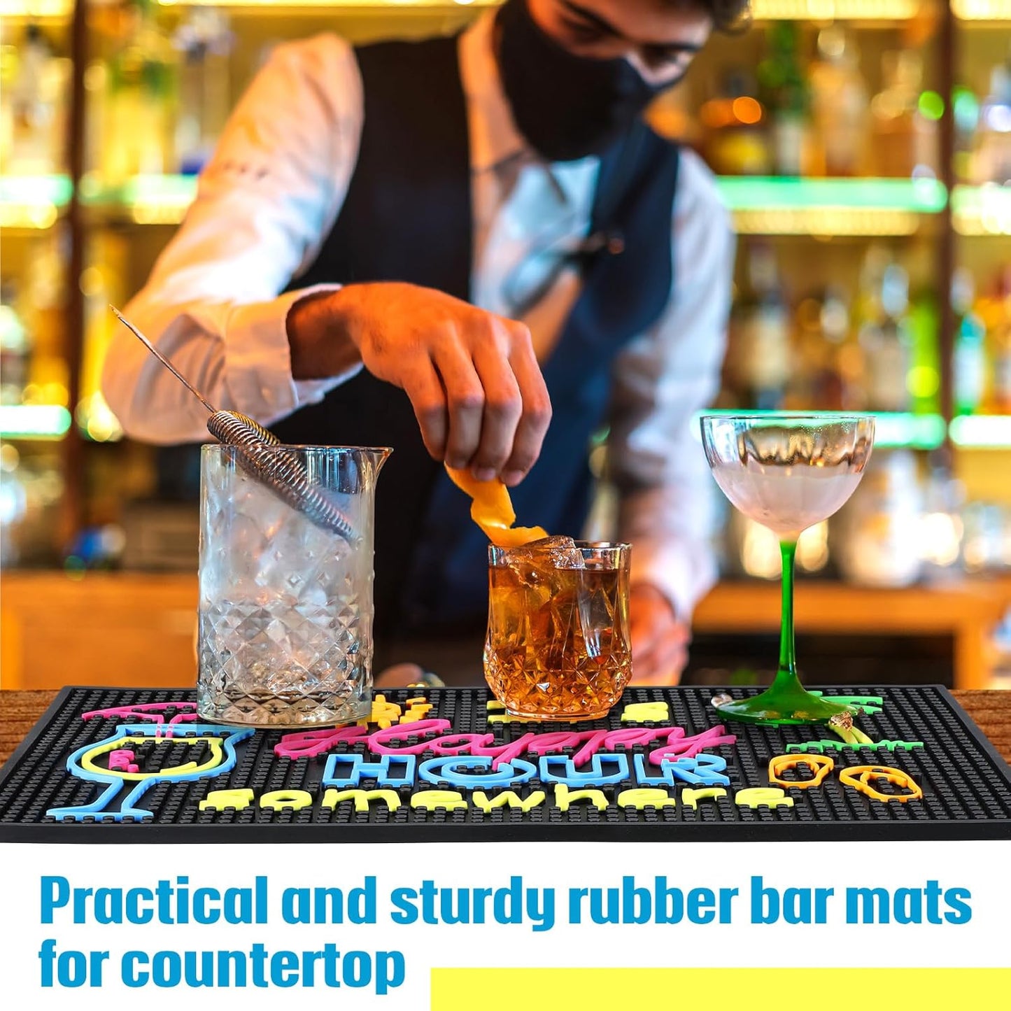 Jingmore Rubber Bar Mat for Bartending Coffee Bar Mat for Countertop Non Slip No Spill Tiki Table Pad for Home Cocktail Accessories(18 x12 Inch,Happy Hour Somewhere)