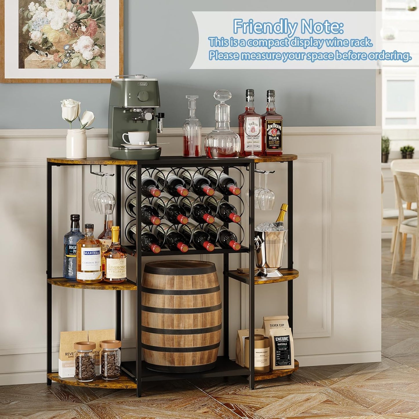 JKsmart Wine Bar Cabinet with LED Lights, Mini Wine Rack with Storage and Glass Holder, Small Home Bar Cart for Liquor, 3-Tier Bar Table for Kitchen, Dining Room, Living Room, Rustic Brown