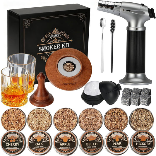 Whiskey Smoker Kit with Torch - Cocktail Smoker Kit Bourbon Gift for Men - Dark brown