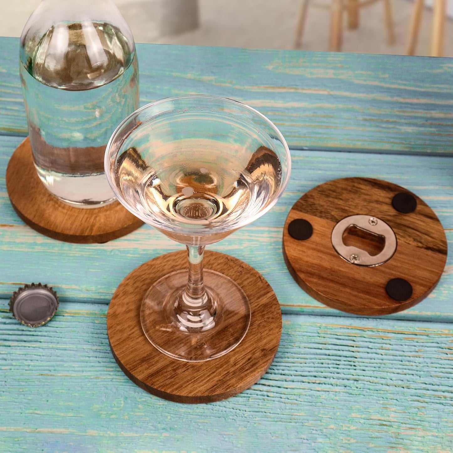 2-in-1 Wood Coasters with Bottle Opener, Set of 4 with Holder– Funny Acacia Wood Drink Coasters with Stainless Steel Openers & Non-Slip Feet – Durable and Functional for Beer or Soda Drinking