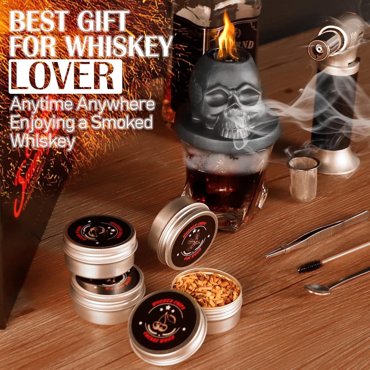 Cocktail Smoker Kit with Torch, Anmyox Whiskey Smoker Infuser Kit with Gift Box, Bourbon Whiskey Set Gift for Men,Skull old Fashioned Smoker Kit for Your Friends, Husband, Dad.(No Butane)