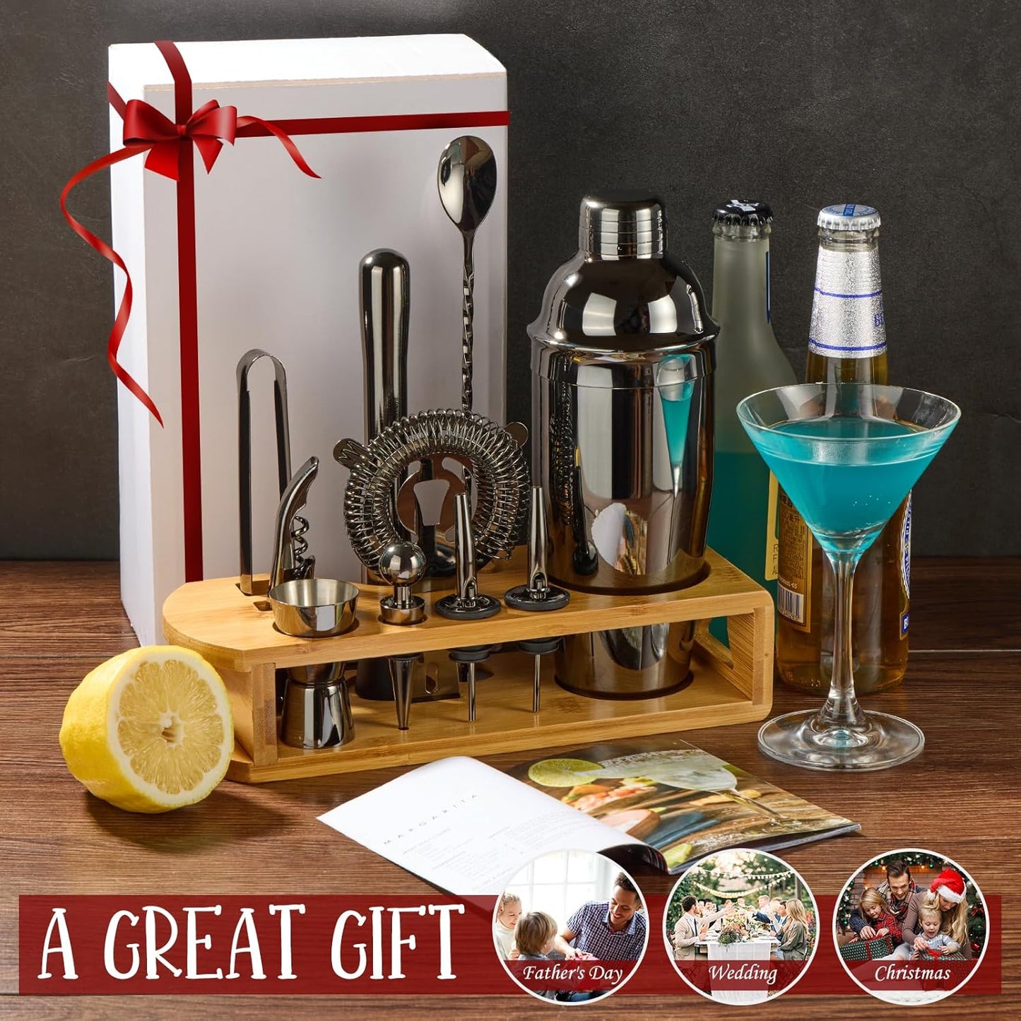 Cocktail Shaker Set Bartender Kit : 12-Piece Bar Tool Set with Bamboo Stand | Bar Set with All Practical Bar Accessories, for Drink Mixing, Bar, Home, Lounge & Party (Titanium Grey)