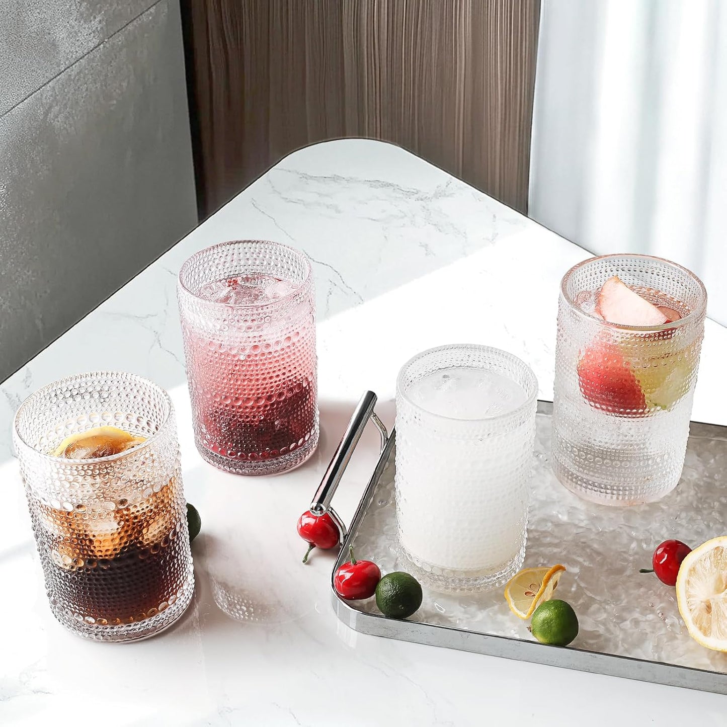 Hobnail Drinking Glasses Set of 2, 16 Oz Vintage Embossed Glass Cup Kitchen Glassware Water Tumblers for Cocktails, Beer, Juice, Whiskey