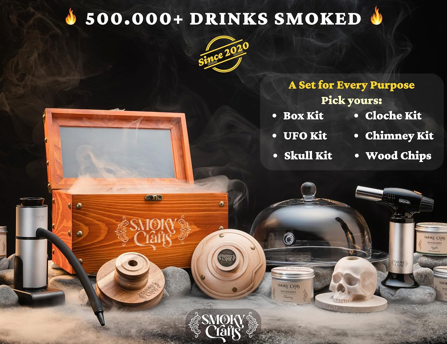 Smoky Crafts Cocktail Smoker Kit with Torch - Whiskey Smoker Kit comes with UFO-Shaped Smoke Infuser, Culinary Torch, Cotton Bag and Wood Chips (Apple & Cherry) - Gifts for Men (Without Butane)