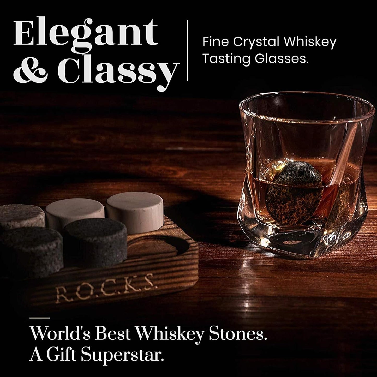 Whiskey Chilling Stones Gift Set - 6 Handcrafted Premium Granite Round Sipping Rocks - 2 Crystal Superior Glasses - Hardwood Presentation & Storage Tray - Elegant Gold Foil Gift Box by R.O.C.K.S.