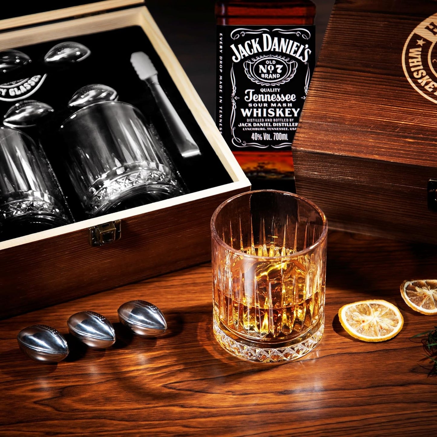 Whiskey Glasses Gift Set – 2 Old Fashioned Glasses with 6 Stainless Steel Football Whiskey Stones, Premium Barware Set, Unique Gift Ideas for Men Him Dad Husband Sports Fan