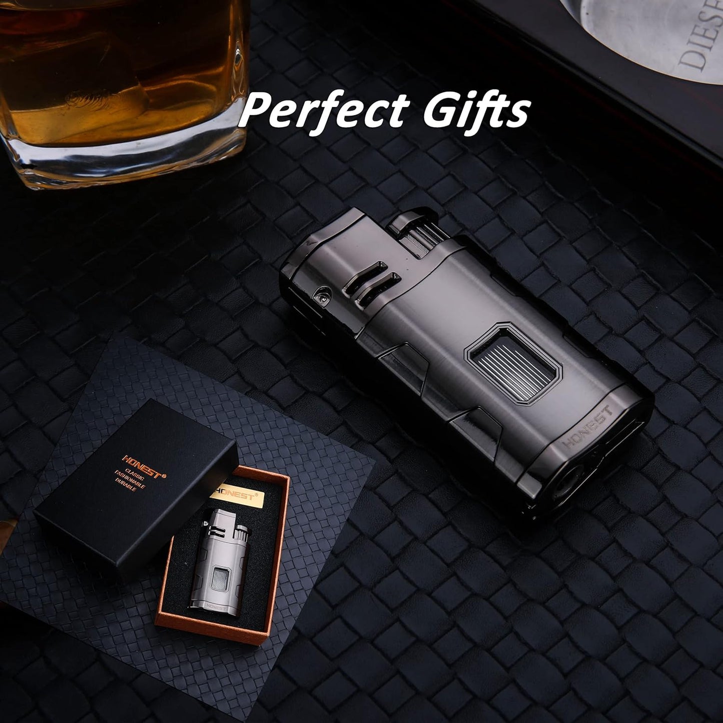 Metal Lighter Triple Jet Flame Refillable Butane Cigar Lighter Windproof Lighters with Cigar Punch Rest Holder - Butane Not Included (Gunmetal)