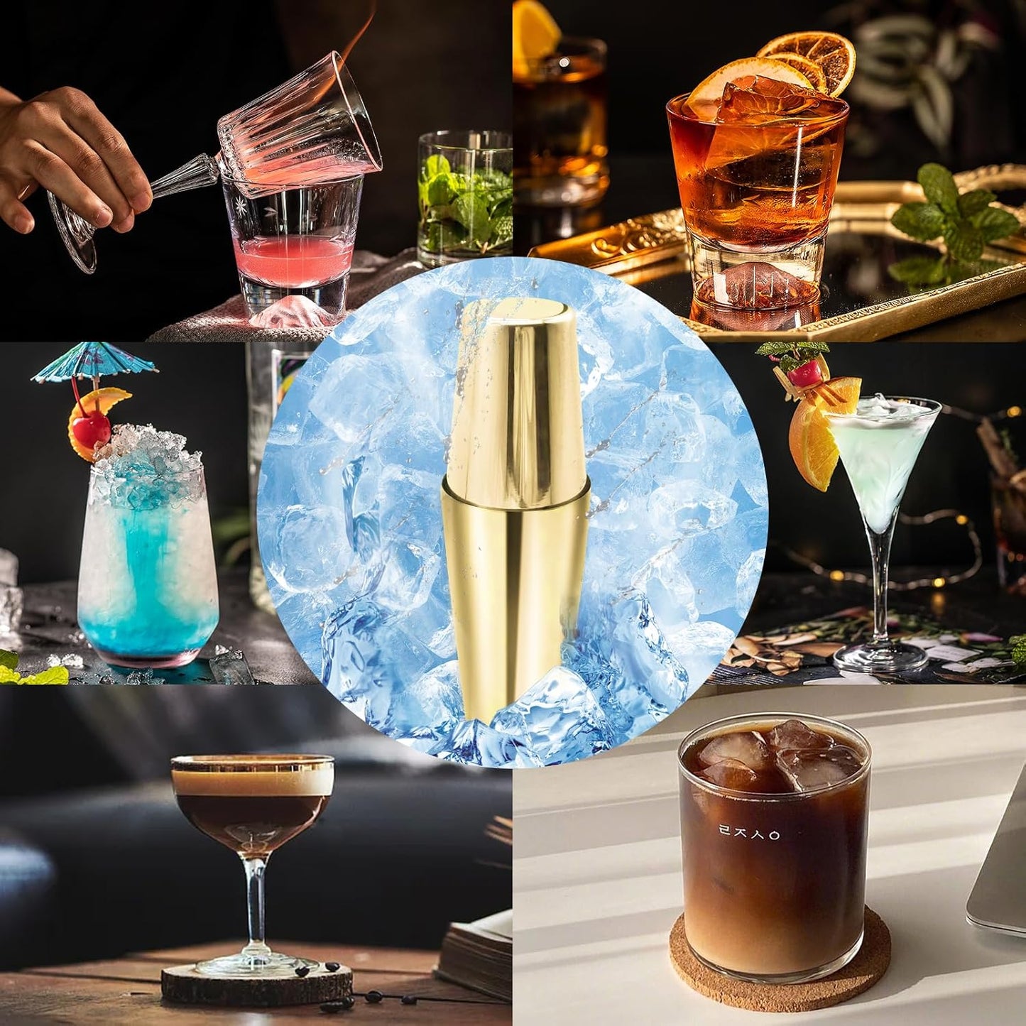 Safring Boston Cocktail Shaker Bar Set, Weighted Boston Shaker Tins, Bartender Kit with 18oz & 28oz Mixed Drink Shaker, Hawthorne Strainer, Double Measuring Jigger - Gold